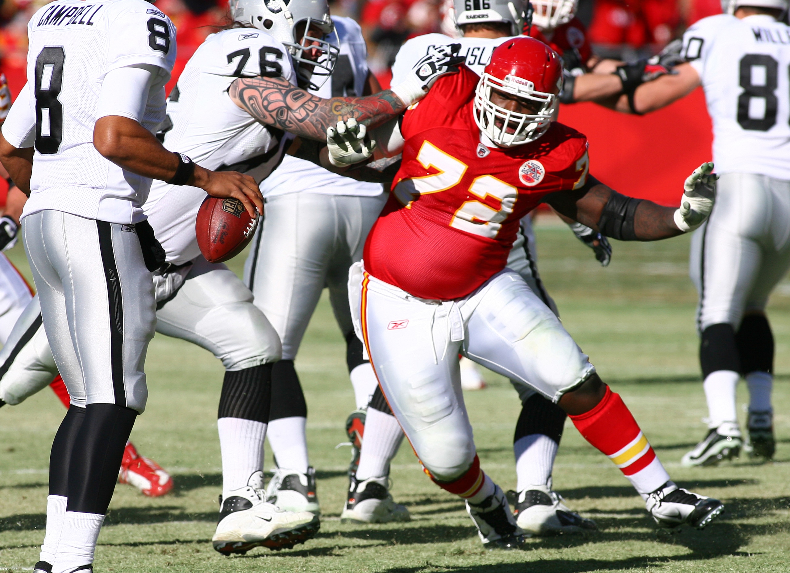 KANSAS CITY, MO - JANUARY 02:  Defensive tackle Glenn Dorsey #72 of the Kansas City Chiefs rushes the quarterback in a game against the Oakland Raiders at Arrowhead Stadium on January 2, 2011 in Kansas City, Missouri.  (Photo by Tim Umphrey/Getty Images)