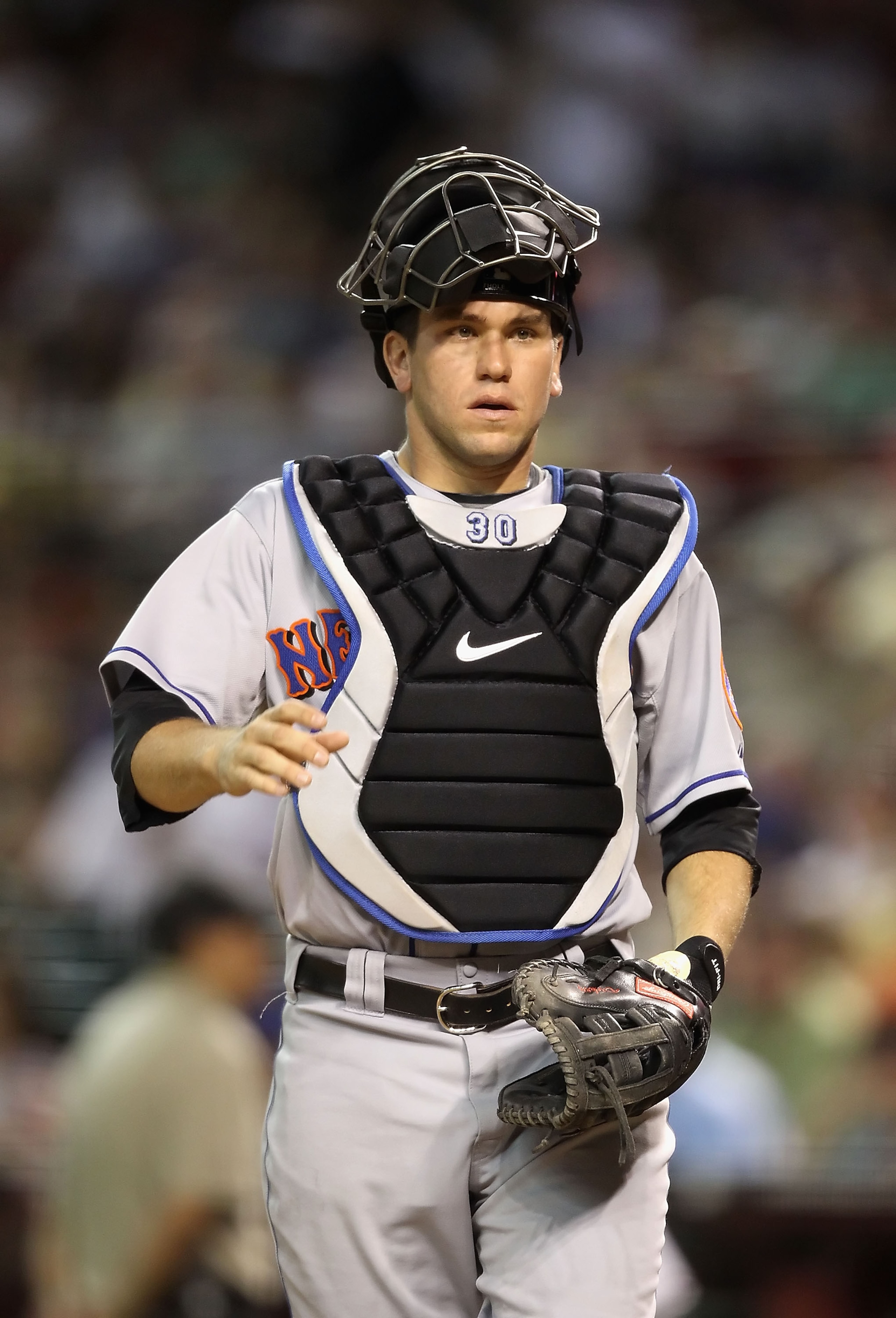 PHOENIX - JULY 20:  Catcher Josh Tholea #30 of the New York Mets in action against the Arizona Diamondbacks during the Major League Baseball game at Chase Field on July 20, 2010 in Phoenix, Arizona.  (Photo by Christian Petersen/Getty Images)
