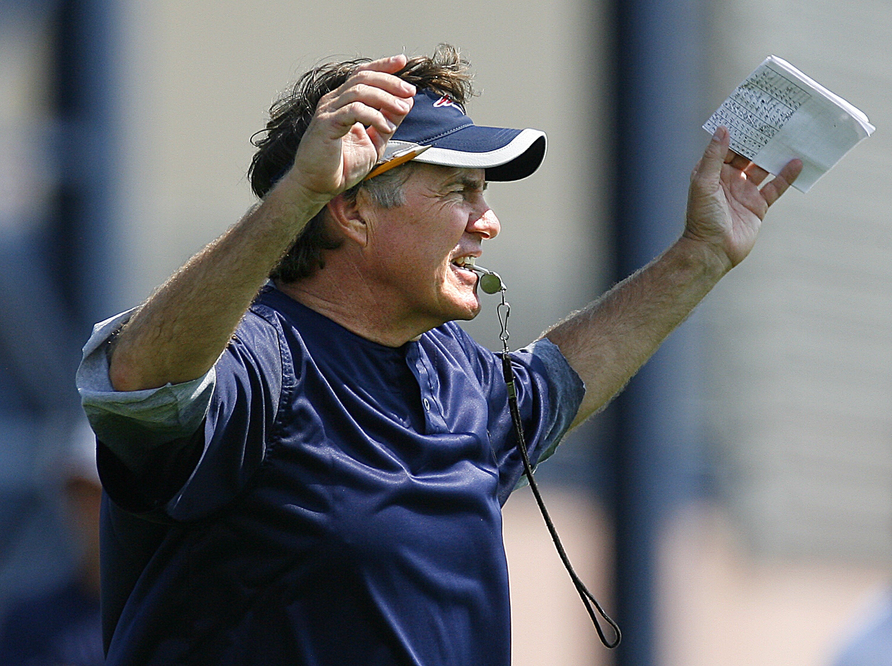 FOXBORO, MA - JULY 27: Coach Bill Belichick of the New England Patriots watches the action during training camp practice on July 27, 2007 at Gillette Stadium in Foxboro, Massachusetts. (Photo by Jim Rogash/Getty Images)