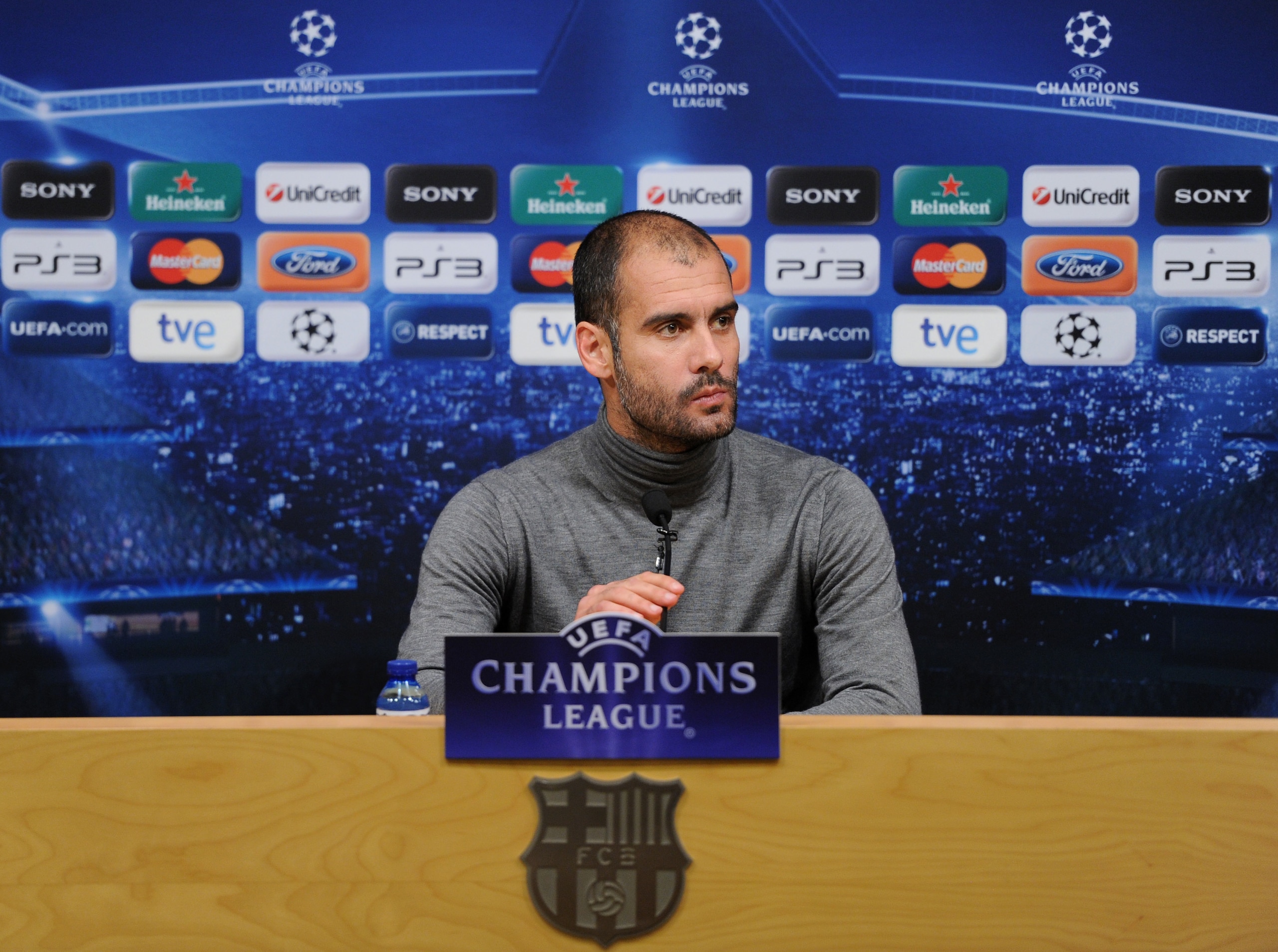BARCELONA, SPAIN - MARCH 07:  Head coach Josep Guardiola of Barcelona looks on during a press conference ahead of their UEFA Champions League round of 16 second leg match against Arsenal at the Camp Nou stadium on March 7, 2011 in Barcelona, Spain.  (Phot
