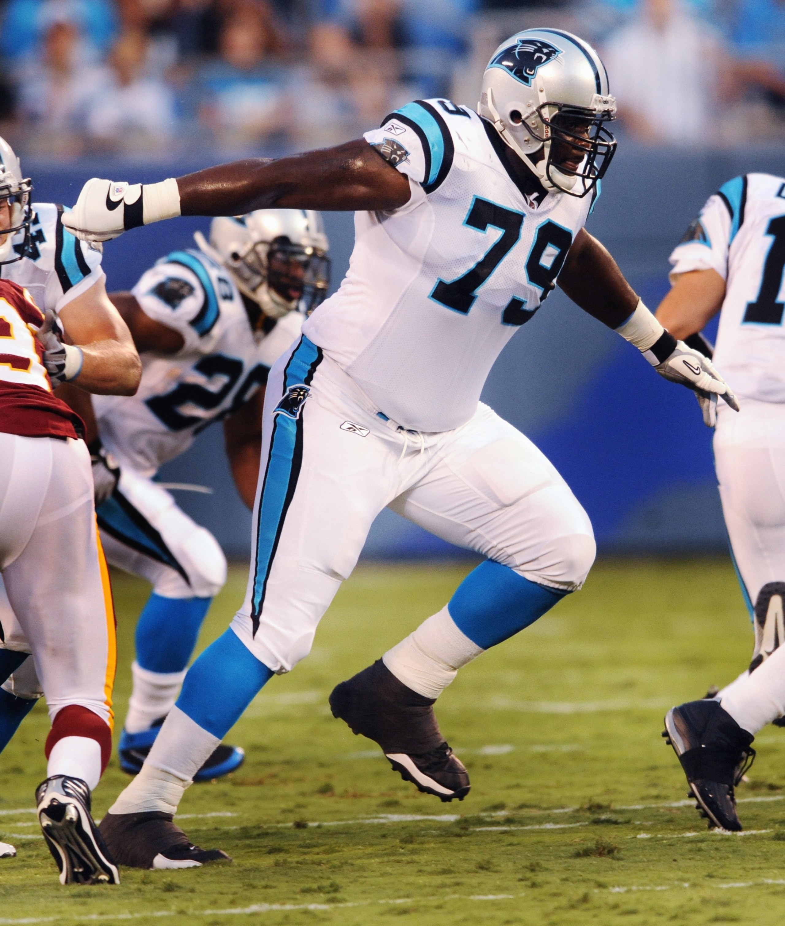 CHARLOTTE, NC - AUGUST 23   Offensive lineman Jeff Otah #79 of the Carolina Panthers gets off the line of scrimmage to make a block during the NFL preseason game against the Washington Redskins at Bank of America Stadium on August, 23, 2008 in Charlotte, 