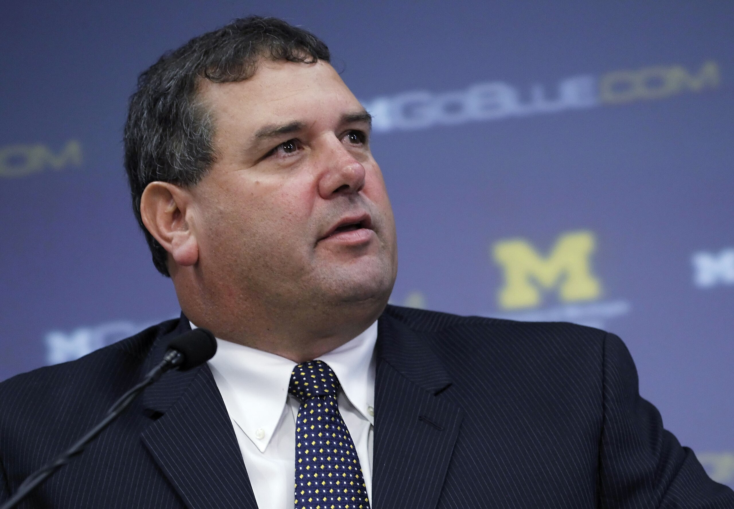 ANN ARBOR, MI - JANUARY 12:  New University of Michigan head football coach Brady Hoke speaks during his introductory press confrence at the Junge Family Champions Center on January 12, 2011 in Ann Arbor, Michigan.  (Photo by Gregory Shamus/Getty Images)