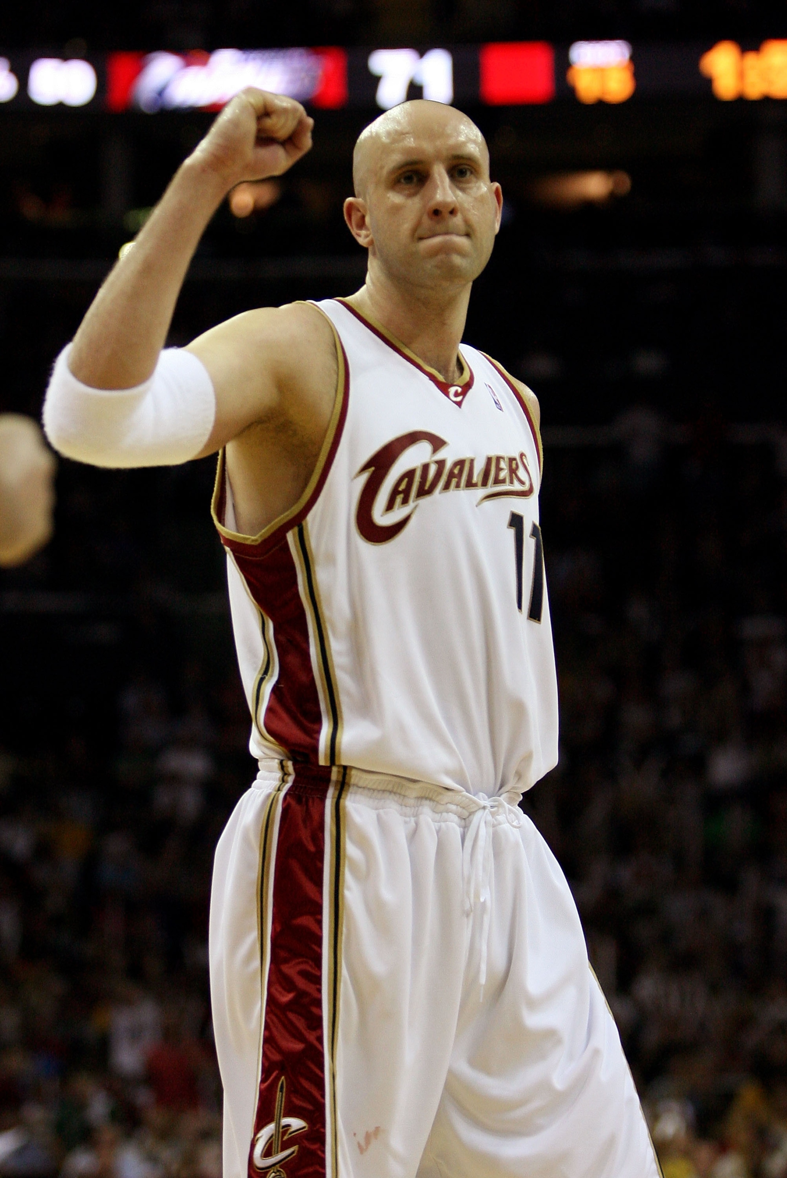 CLEVELAND - MAY 28: Zydrunas Ilgauskas #11 of the Cleveland Cavaliers reacts after a play against the Orlando Magic in Game Five of the Eastern Conference Finals during the 2009 Playoffs at Quicken Loans Arena on May 28, 2009 in Cleveland, Ohio. NOTE TO U