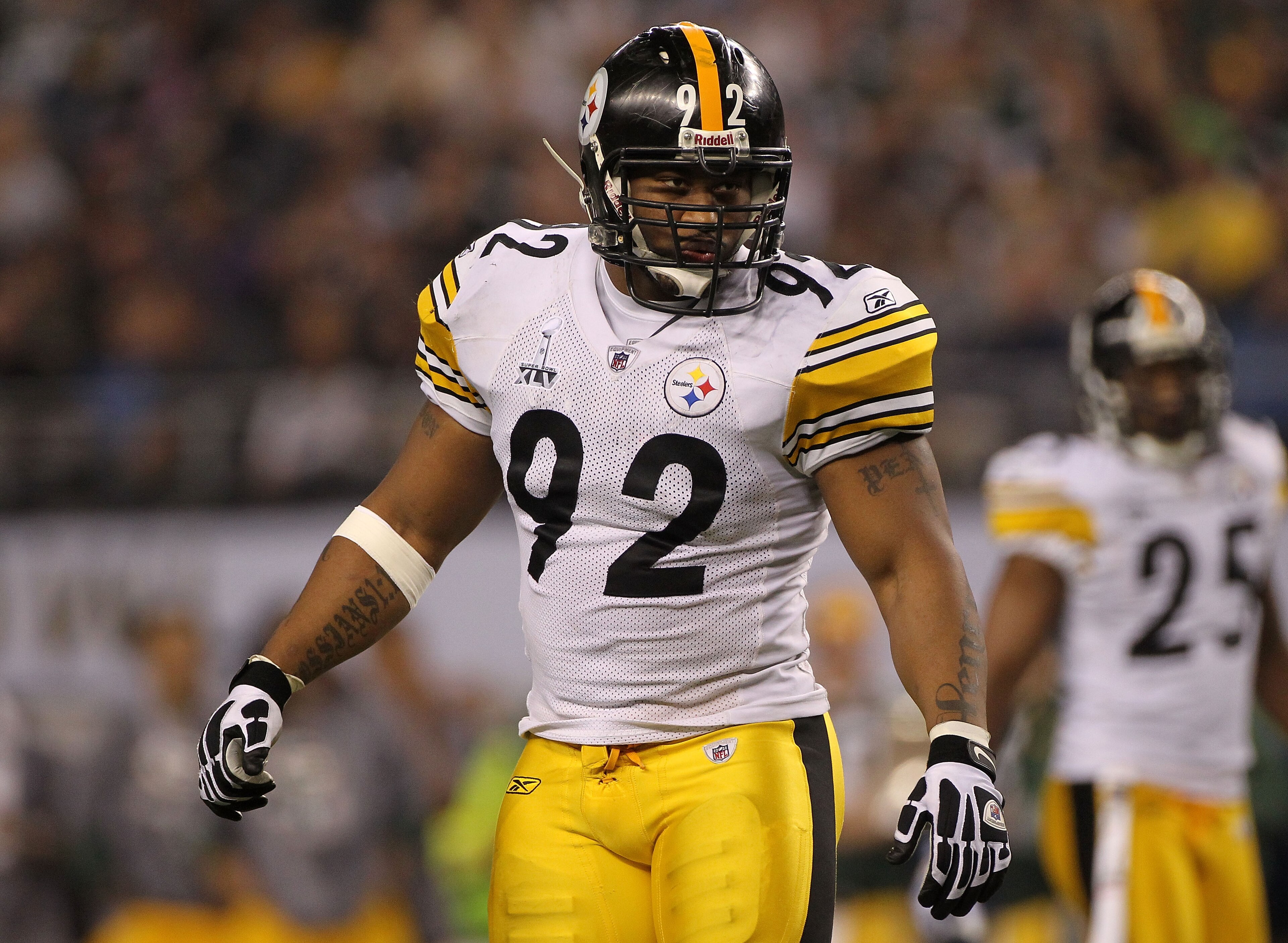 ARLINGTON, TX - FEBRUARY 06:  James Harrison #92 of the Pittsburgh Steelers looks on as the Steelers take on the Green Bay Packers during Super Bowl XLV at Cowboys Stadium on February 6, 2011 in Arlington, Texas.  (Photo by Doug Pensinger/Getty Images)