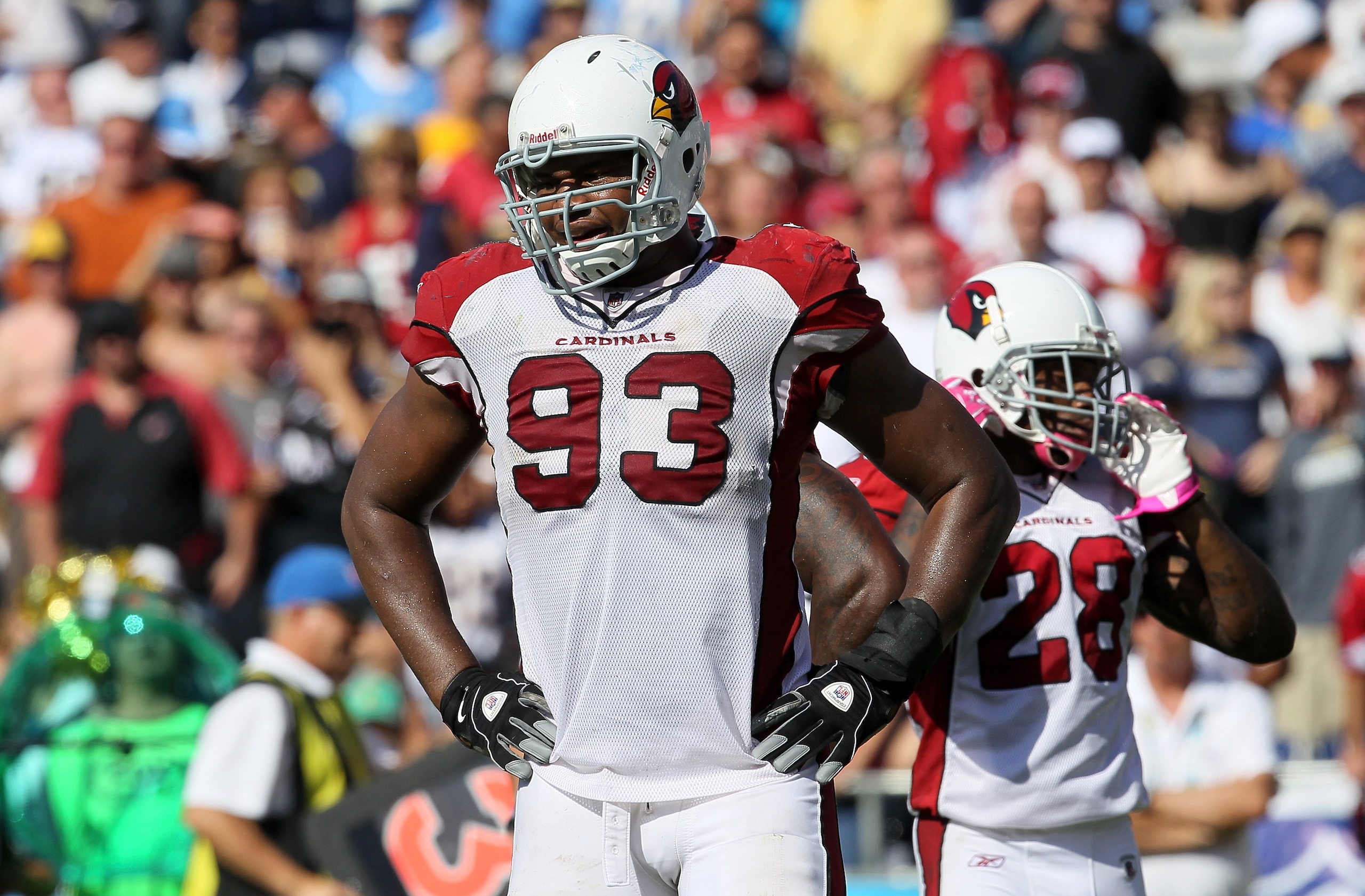 SAN DIEGO - OCTOBER 03:  Defensive end Calais Campbell #93 of the Arizona Cardinals on the field against the San Diego Chargers at Qualcomm Stadium on October 3, 2010 in San Diego, California.  The Chargers won 41-10.  (Photo by Stephen Dunn/Getty Images)
