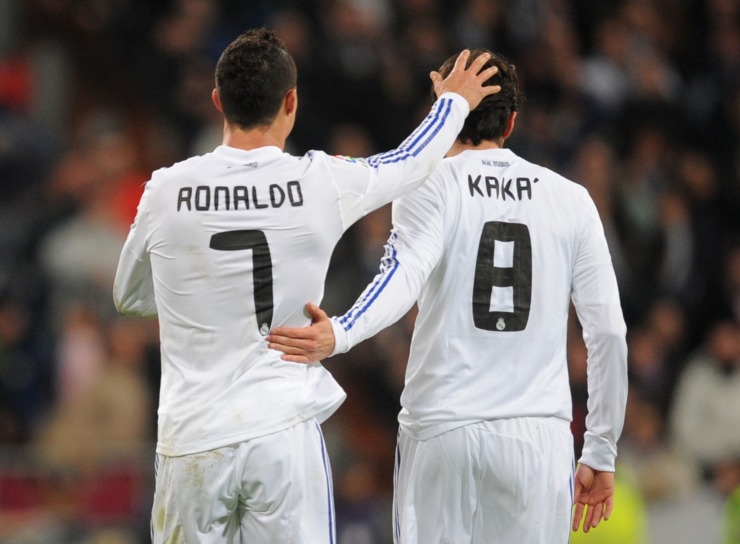 MADRID, SPAIN - JANUARY 09:  Cristiano Ronaldo of Real Madrid Kaka after scoring Real's third goal during the La Liga match between Real Madrid and Villarreal at Estadio Santiago Bernabeu on January 9, 2011 in Madrid, Spain.  (Photo by Denis Doyle/Getty I
