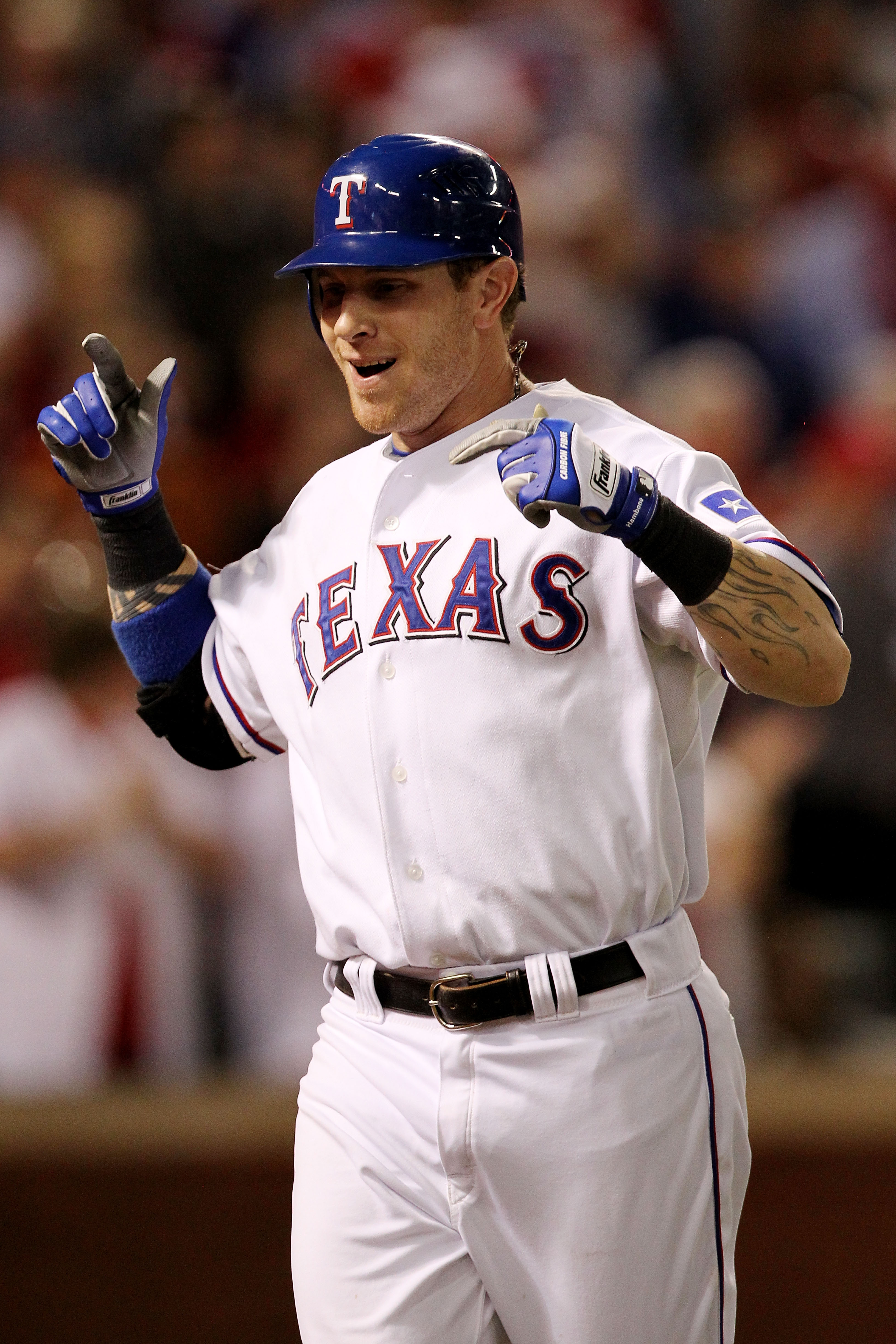 ARLINGTON, TX - OCTOBER 30:  Josh Hamilton #32 of the Texas Rangers celebrates a solo home run in the fifth inning against the San Francisco Giants in Game Three of the 2010 MLB World Series at Rangers Ballpark in Arlington on October 30, 2010 in Arlingto