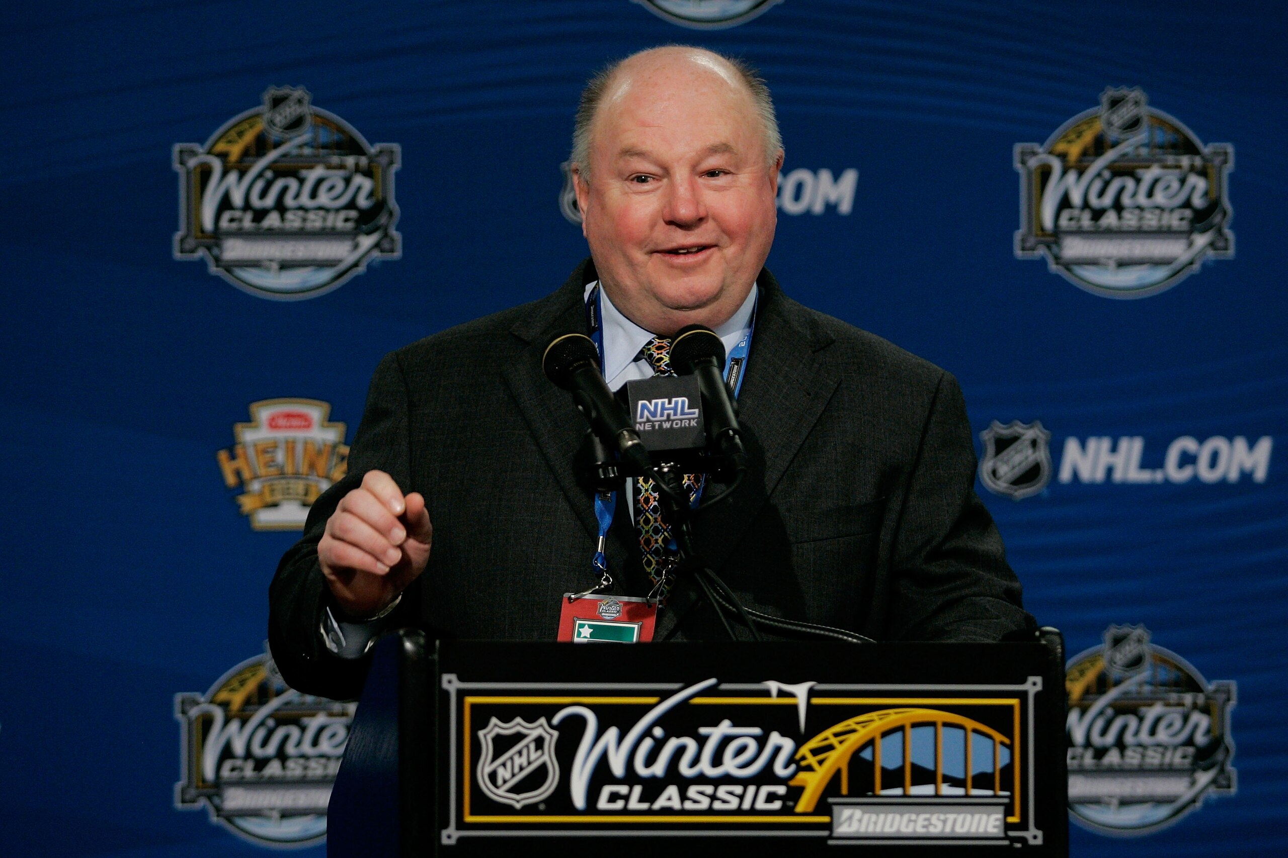 PITTSBURGH, PA - JANUARY 01:  Bruce Boudreau, head coach of the Washington Capitals, talks to the media during a press conference after defeating the Pittsburgh Penguins 3-1 during the 2011 NHL Bridgestone Winter Classic at Heinz Field on January 1, 2011
