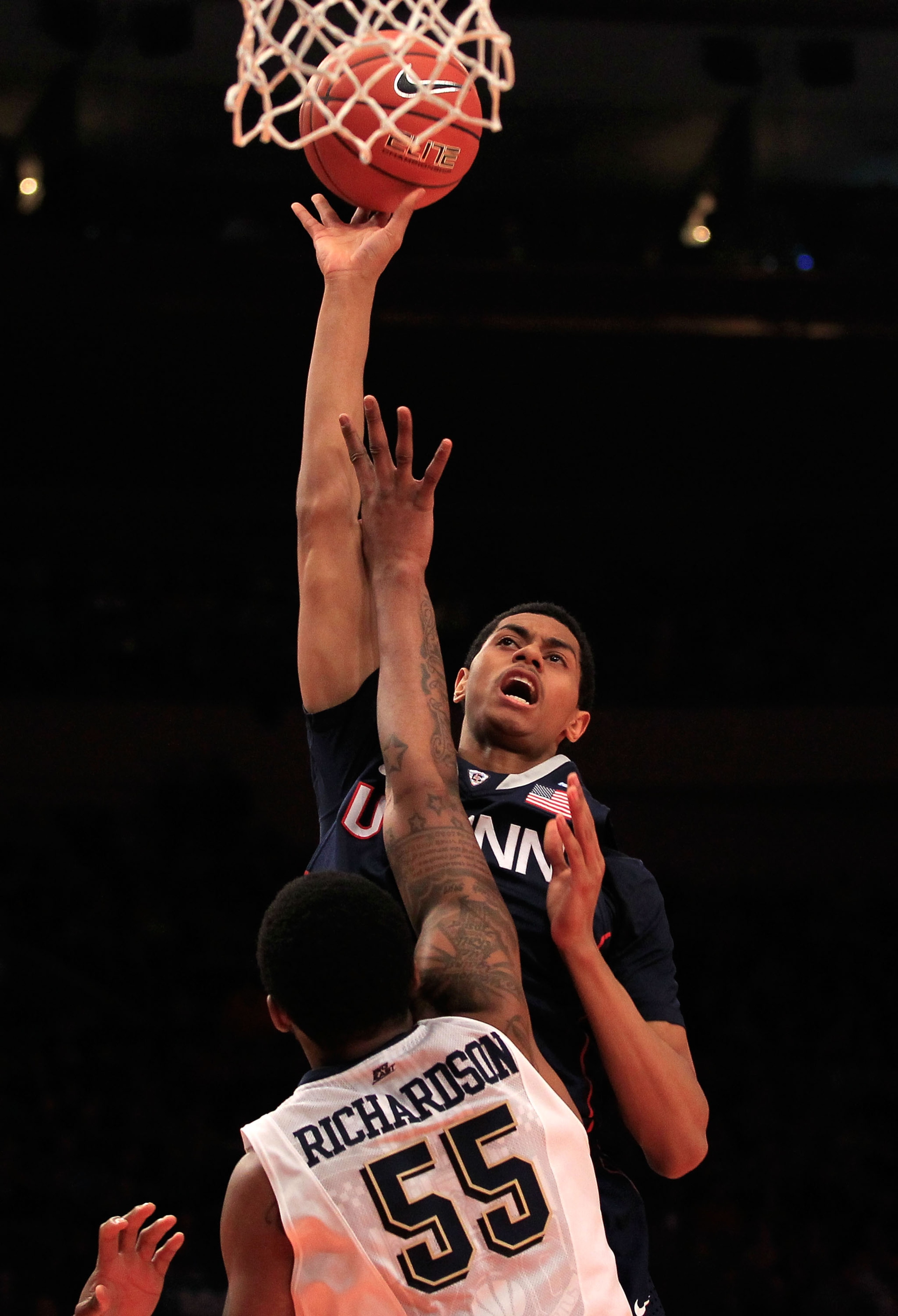 NEW YORK, NY - MARCH 10:  Jeremy Lamb #3 of the Connecticut Huskies shoots over J.J. Richardson #55 of the Pittsburgh Panthers during the quarterfinals of the 2011 Big East Men's Basketball Tournament presented by American Eagle Outfitters  at Madison Squ