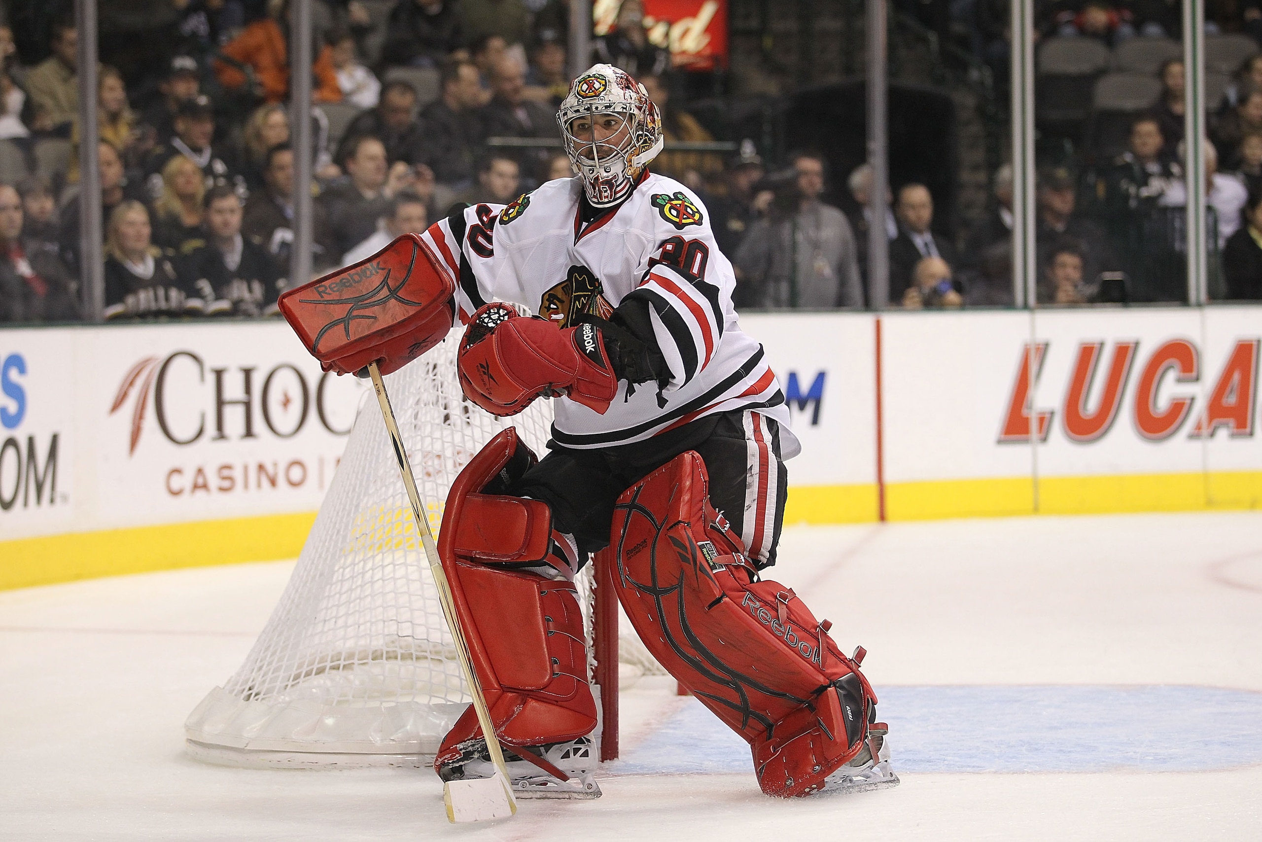 DALLAS, TX - FEBRUARY 11:  Goaltender Marty Turco #30 of the Chicago Blackhawks in goal against the Dallas Stas at American Airlines Center on February 11, 2011 in Dallas, Texas.  (Photo by Ronald Martinez/Getty Images)