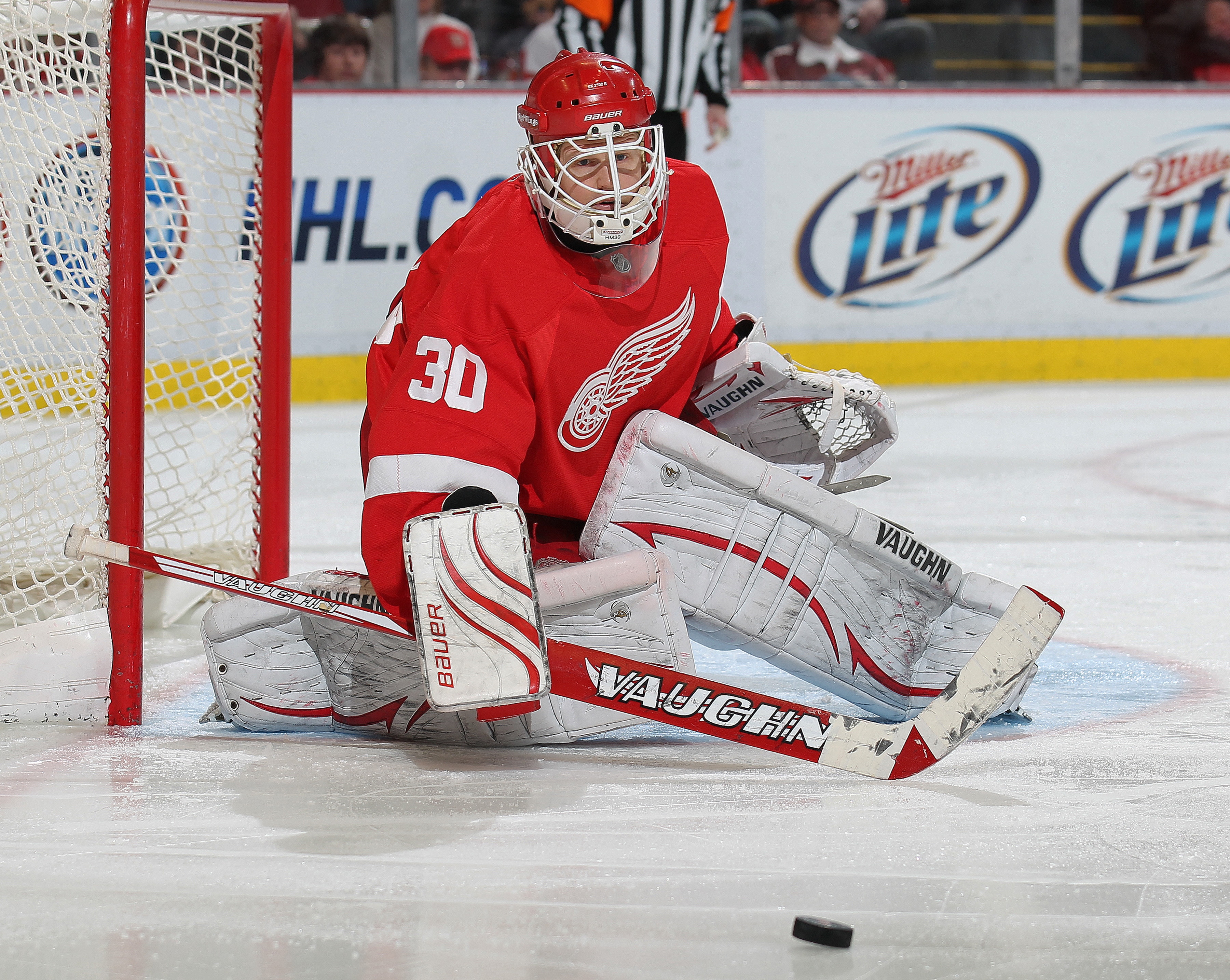 DETROIT, MI - JANUARY 2: Chris Osgood #30 of the Detroit Red Wings turns a shot away in a game against the Philadelphia Flyers on January 2, 2011 at the Joe Louis Arena in Detroit, Michigan. The Flyers defeated the Wings 3-2. (Photo by Claus Anderzen/Get DETROIT, MI - JANUARY 2: Chris Osgood #30 of the Detroit Red Wings turns a shot away in a game against the Philadelphia Flyers on January 2, 2011 at the Joe Louis Arena in Detroit, Michigan. The Flyers defeated the Wings 3-2. (Photo by Claus Anderzen/Get