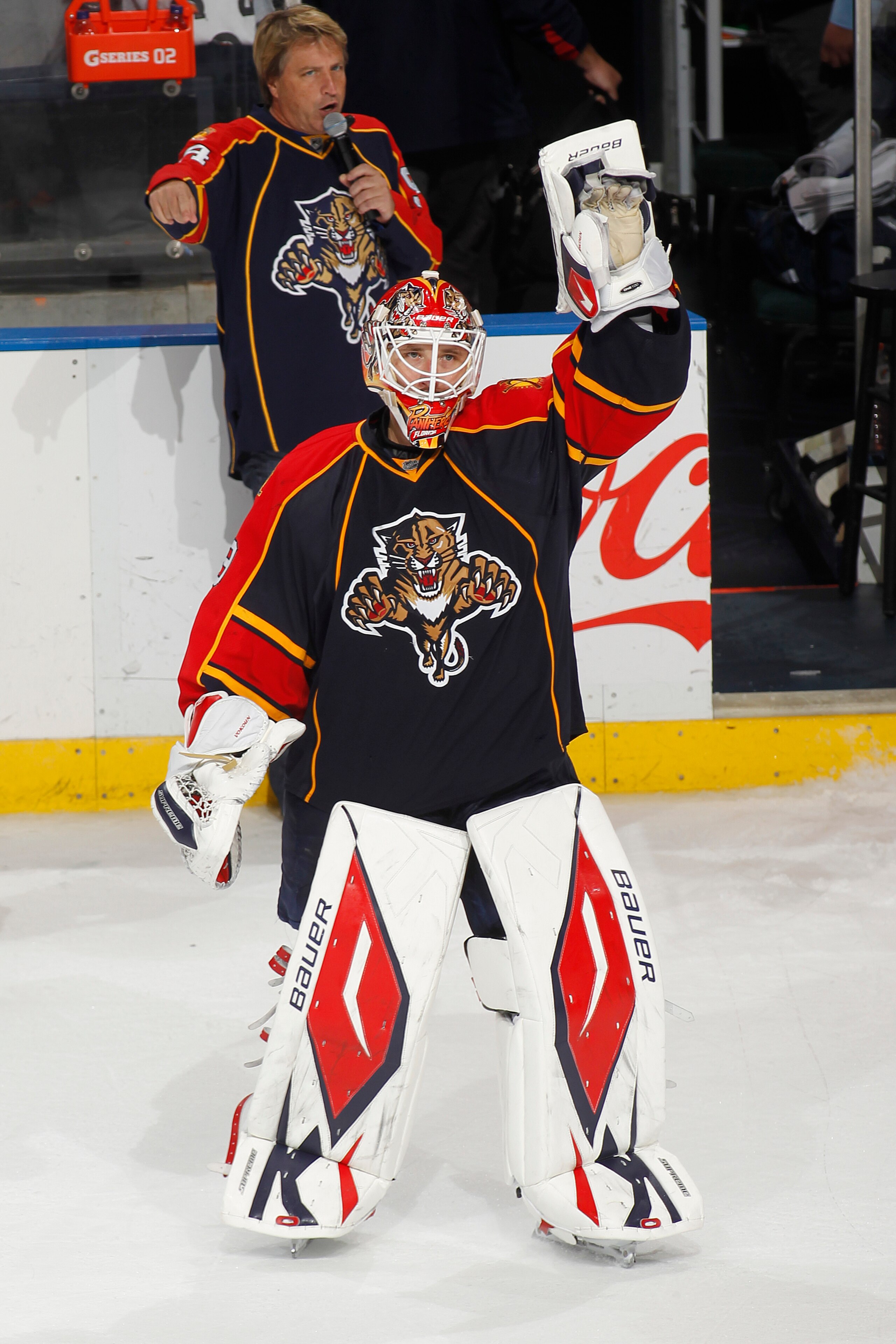 SUNRISE, FL - MARCH 8: Goaltender Tomas Vokoun #29 of the Florida Panthers waves to the crowd after being announced as one of the three stars of the game against the Chicago Blackhawks on March 8, 2011 at the BankAtlantic Center in Sunrise, Florida. The P