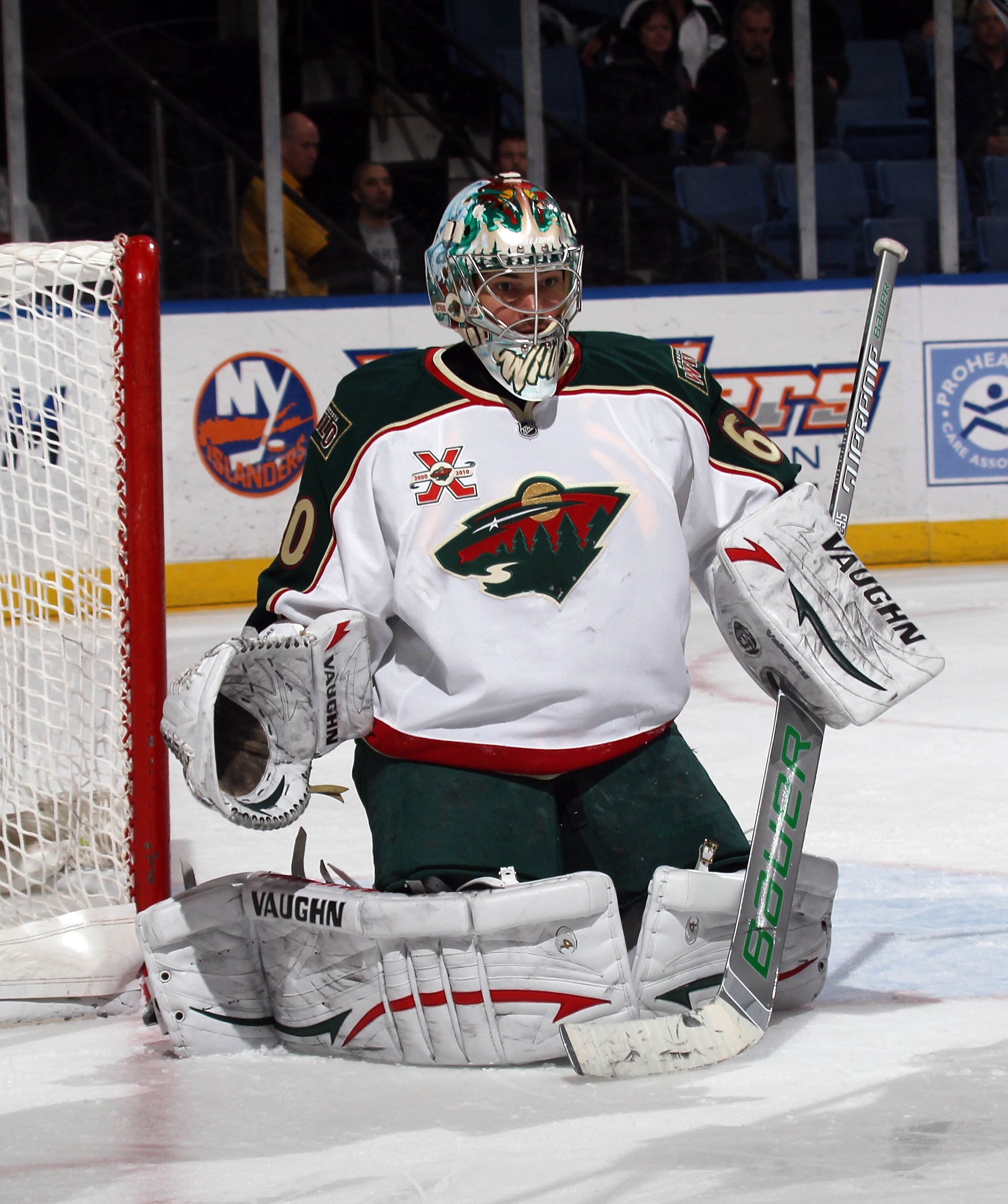 UNIONDALE, NY - MARCH 02:  Jose Theodore #60 of the Minnesota Wild tends net against the New York Islanders at the Nassau Coliseum on March 2, 2011 in Uniondale, New York. The Islanders defeated the Wild 4-1.  (Photo by Bruce Bennett/Getty Images)