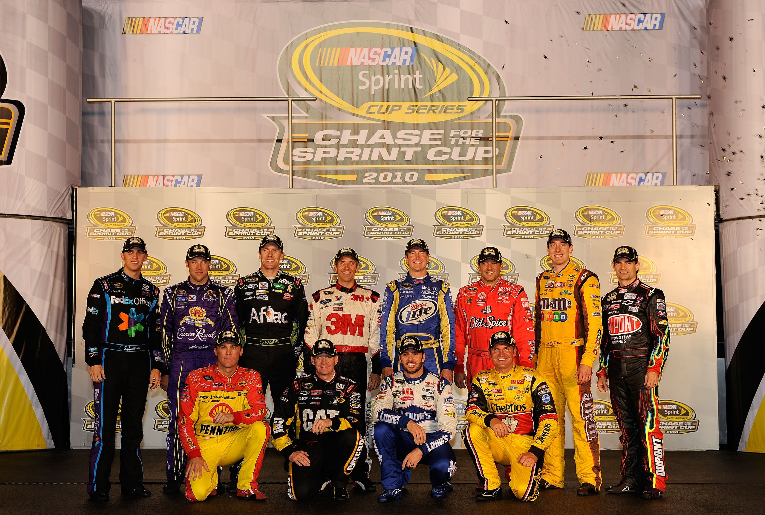 RICHMOND, VA - SEPTEMBER 11: (Back row from L-R) The 2010 NASCAR Sprint Cup Series Chase contenders Denny Hamlin, driver of the #11 FedEx Office Toyota, Matt Kenseth, driver of the #17 Crown Royal Ford, Carl Edwards, driver of the #99 Kellogg's/Cheez-It RICHMOND, VA - SEPTEMBER 11: (Back row from L-R) The 2010 NASCAR Sprint Cup Series Chase contenders Denny Hamlin, driver of the #11 FedEx Office Toyota, Matt Kenseth, driver of the #17 Crown Royal Ford, Carl Edwards, driver of the #99 Kellogg's/Cheez-It
