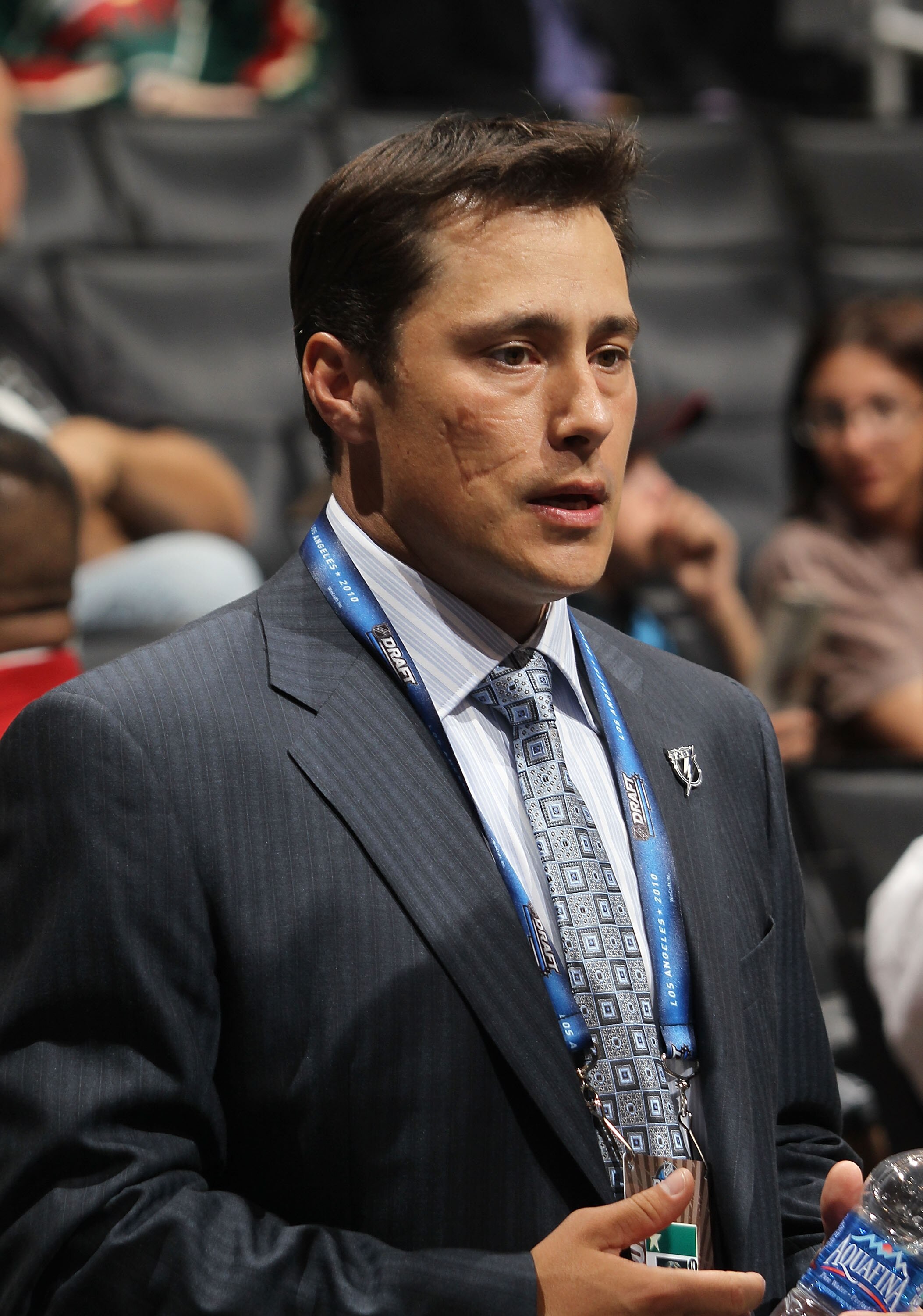 LOS ANGELES, CA - JUNE 25:  Head coach Guy Boucher of the Tampa Bay Lightning works on the draft floor during the 2010 NHL Entry Draft at Staples Center on June 25, 2010 in Los Angeles, California.  (Photo by Bruce Bennett/Getty Images)