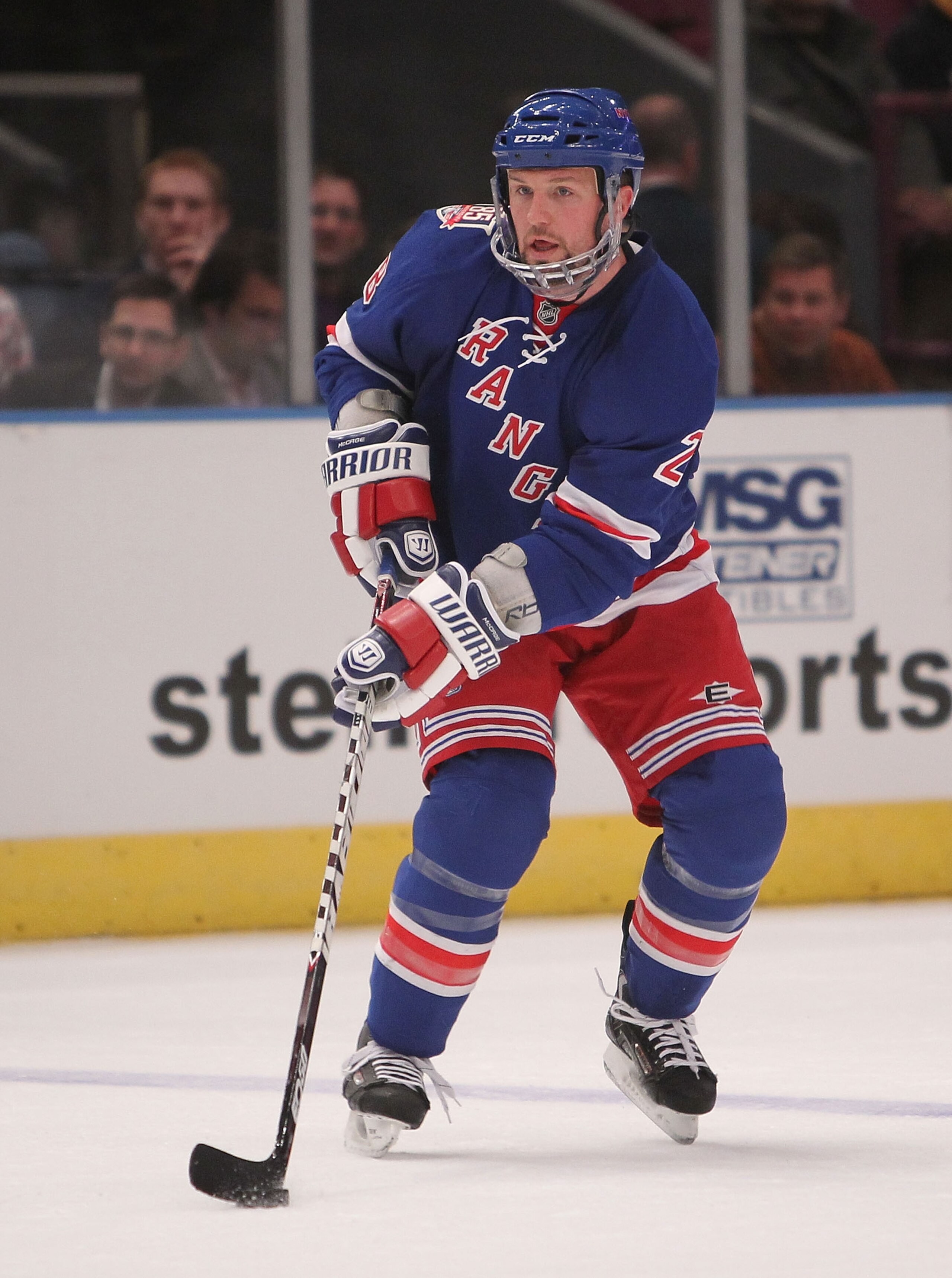 NEW YORK, NY - MARCH 01:  Bryan McCabe #28 of the New York Rangers skates with the puck against the Buffalo Sabres at Madison Square Garden on March 1, 2011 in New York City.  (Photo by Nick Laham/Getty Images)