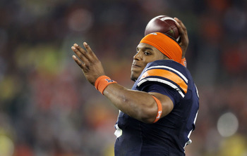 GLENDALE, AZ - JANUARY 10:  Cameron Newton #2 of the Auburn Tigers warms up prior to their game against the Oregon Ducks during the Tostitos BCS National Championship Game at University of Phoenix Stadium on January 10, 2011 in Glendale, Arizona.  (Photo