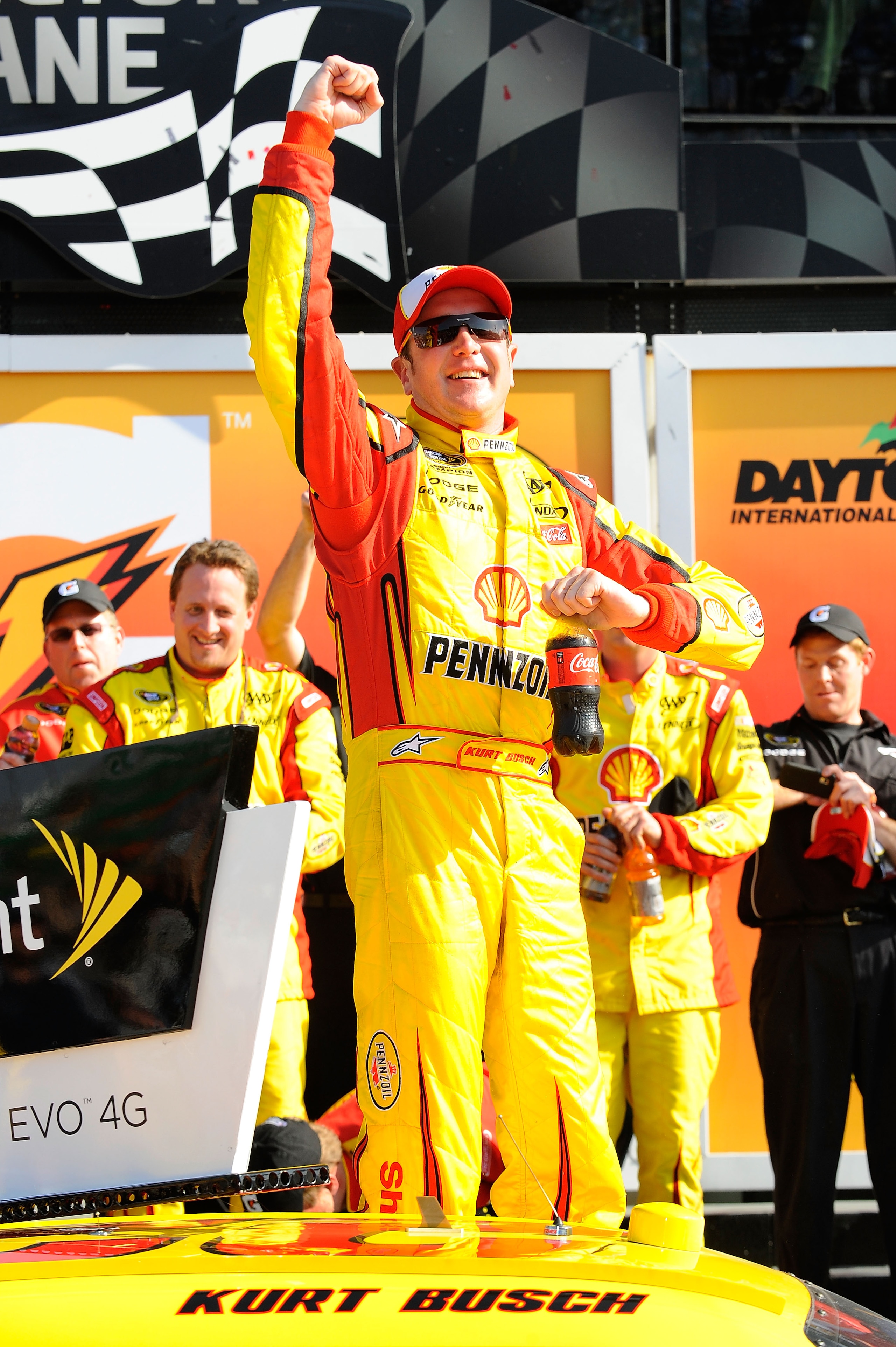 DAYTONA BEACH, FL - FEBRUARY 17: Kurt Busch, driver of the #22 Shell Pennzoil Dodge, celebrates in Victory Lane after winning the first race of the NASCAR Sprint Cup Series Gatorade Duel at Daytona International Speedway on February 17, 2011 in Daytona B DAYTONA BEACH, FL - FEBRUARY 17: Kurt Busch, driver of the #22 Shell Pennzoil Dodge, celebrates in Victory Lane after winning the first race of the NASCAR Sprint Cup Series Gatorade Duel at Daytona International Speedway on February 17, 2011 in Daytona B