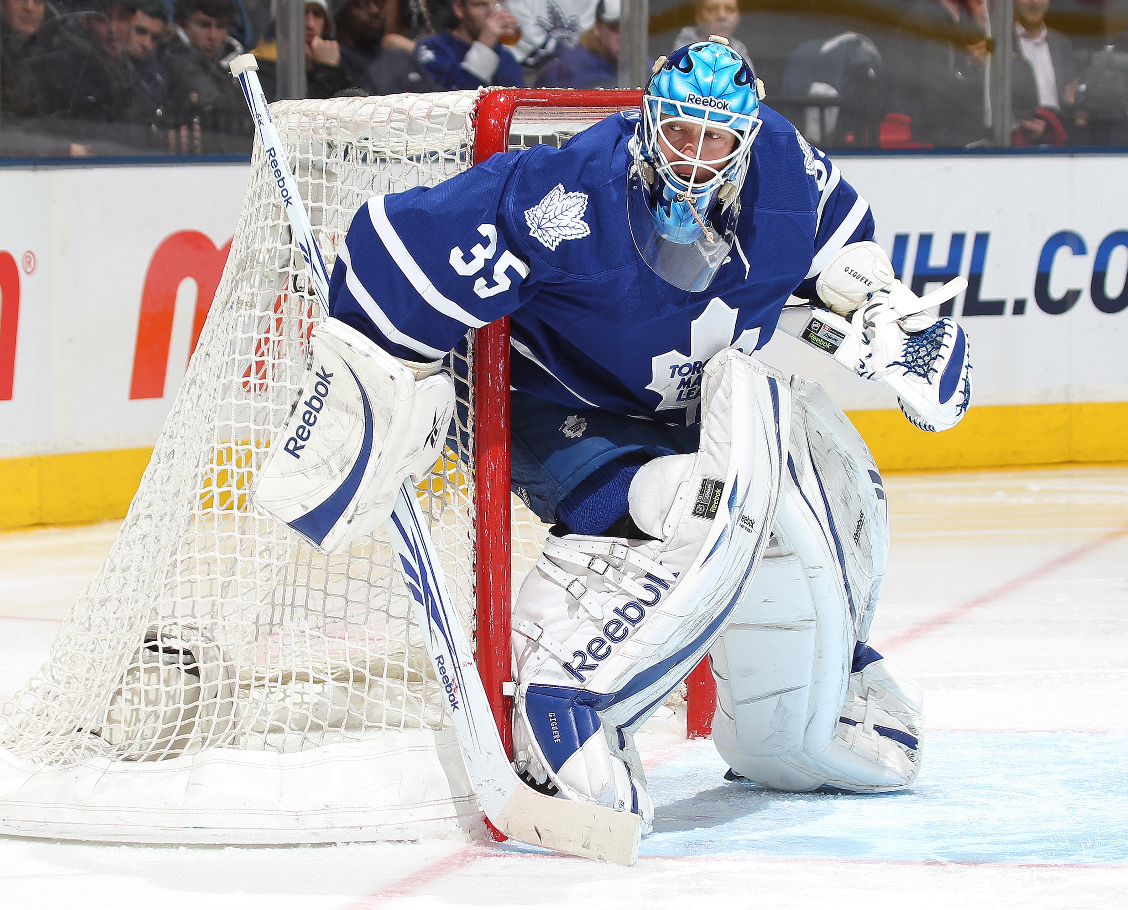 TORONTO, CANADA - FEBRUARY 07: JS Giguere #35 of the Toronto Maple Leafs protects the corner in a game against the Atlanta Thrashers on February 7, 2011 at the Air Canada Centre in Toronto, Canada. The Leafs defeated the Thrashers 5-4. (Photo by Claus An TORONTO, CANADA - FEBRUARY 07: JS Giguere #35 of the Toronto Maple Leafs protects the corner in a game against the Atlanta Thrashers on February 7, 2011 at the Air Canada Centre in Toronto, Canada. The Leafs defeated the Thrashers 5-4. (Photo by Claus An