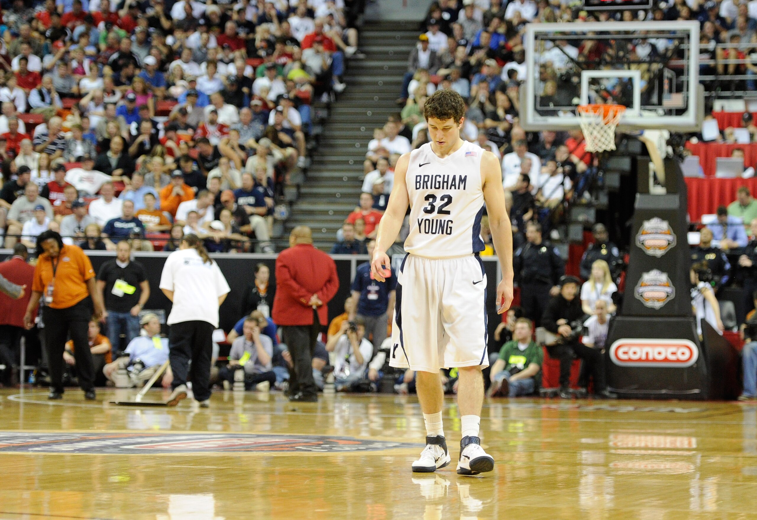 LAS VEGAS, NV - MARCH 12:  Jimmer Fredette #32 of the Brigham Young University Cougars walks back on the court after a timeout during the team's 72-54 loss to the San Diego State Aztecs in the championship game of the Conoco Mountain West Conference Baske