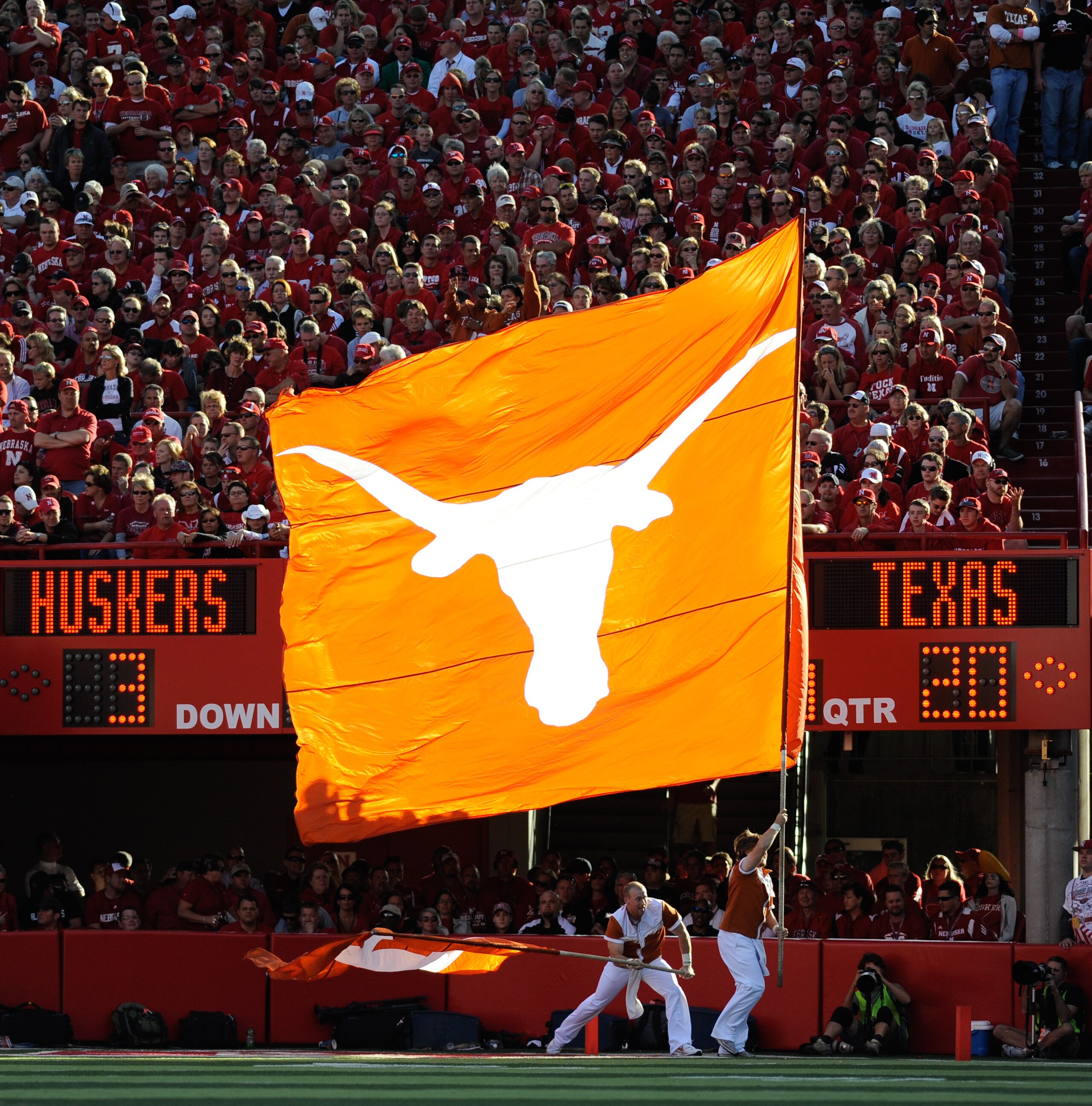 LINCOLN, NE - OCTOBER 16: The Texas Longhorn flag runs across the Nebraska Cornhusker endzone after their final score during second half action of their game at Memorial Stadium on October 16, 2010 in Lincoln, Nebraska. Texas Defeated Nebraska 20-13. (Pho