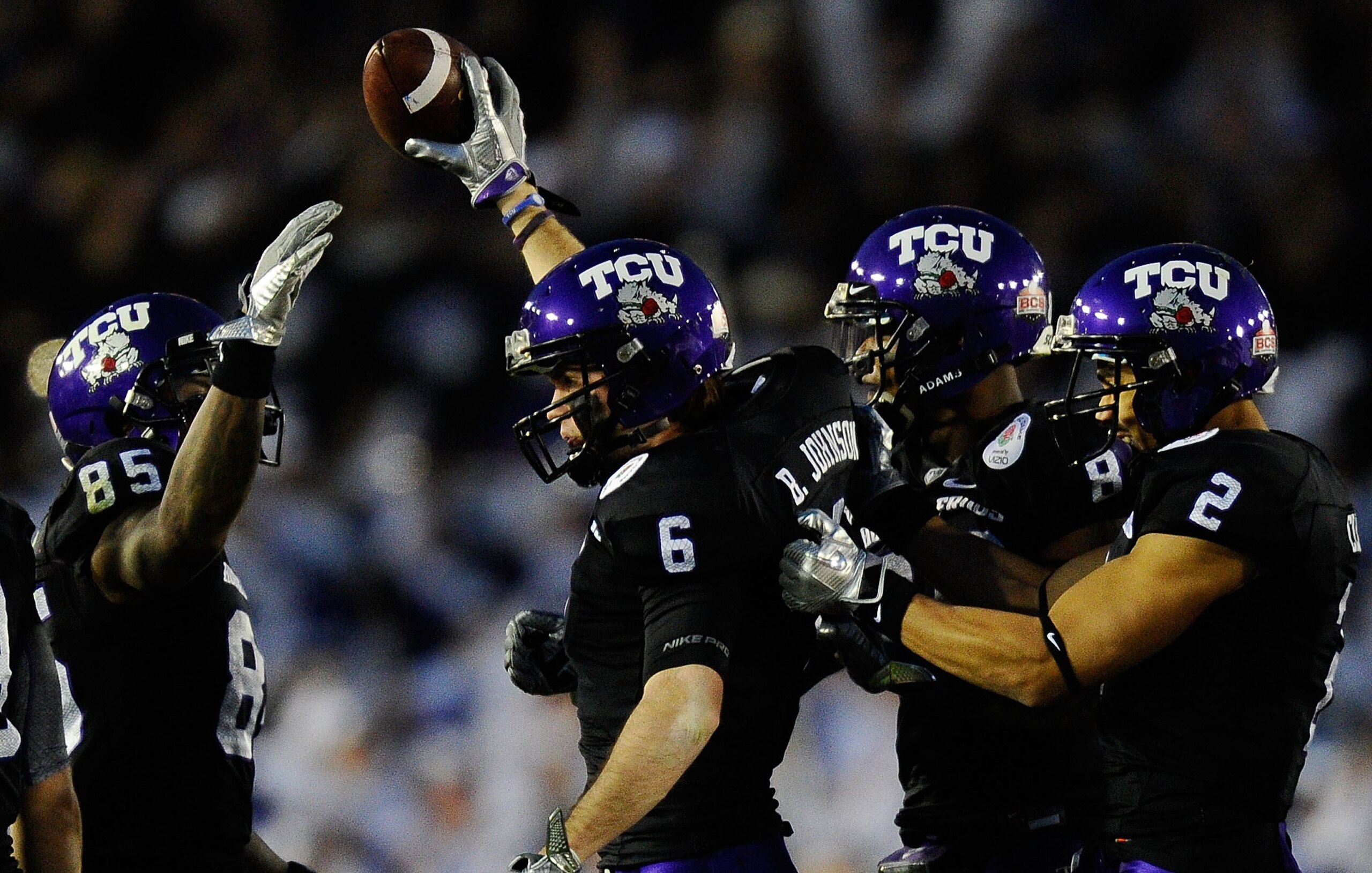 PASADENA, CA - JANUARY 01:  Wide receiver Bart Johnson #6 of the TCU Horned Frogs celebrates recovering an onside kick attempt by the Wisconsin Badgers in the 97th Rose Bowl game on January 1, 2011 in Pasadena, California.  (Photo by Kevork Djansezian/Get