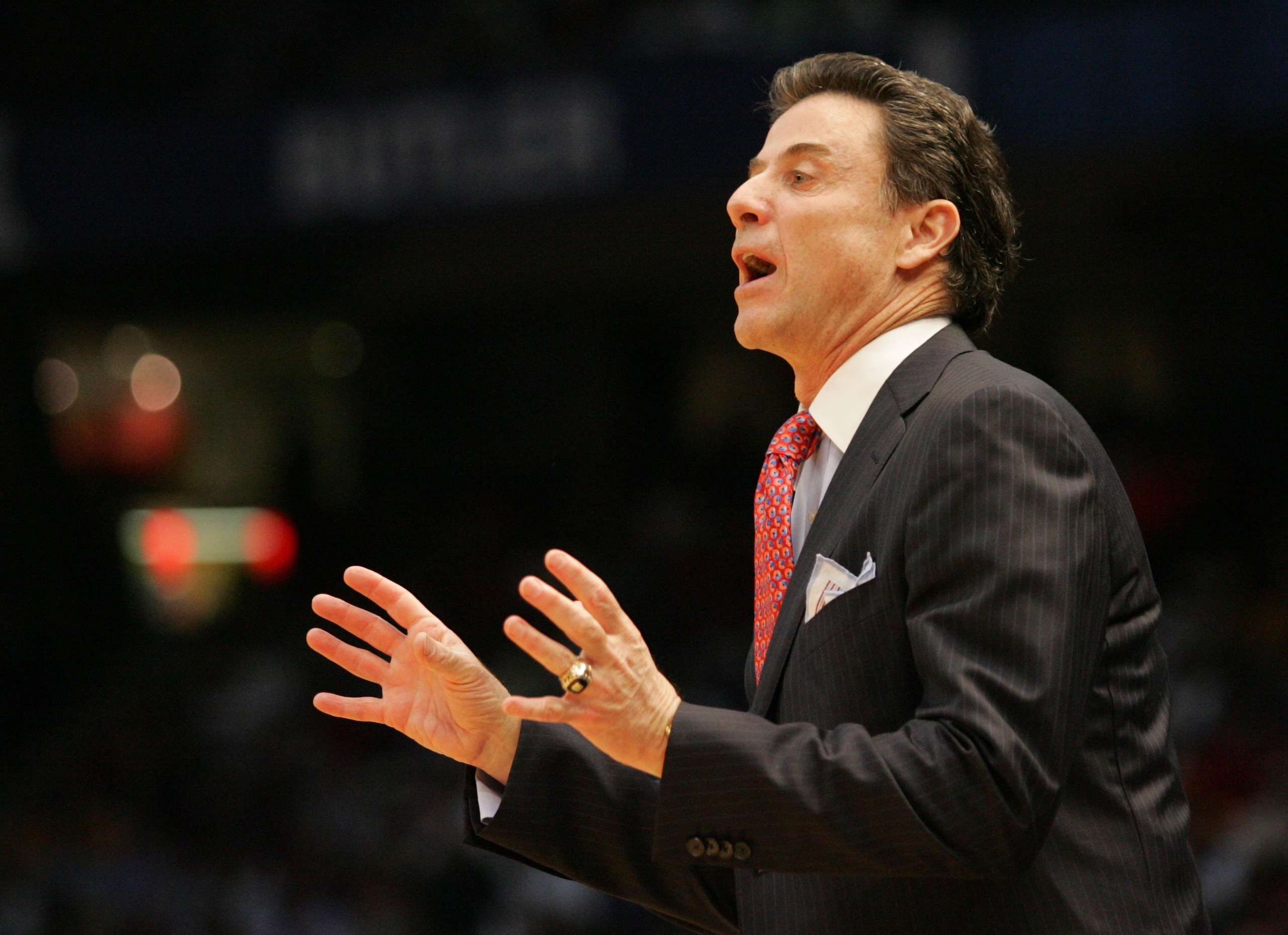 BIRMINGHAM, AL - MARCH 21:  Coach Rick Pitino of the Louisville Cardinals yells instructions to his team during the first round game against Boise State in the East Regional as part of the 2008 NCAA Men's Basketball Tournament at the Birmingham-Jefferson