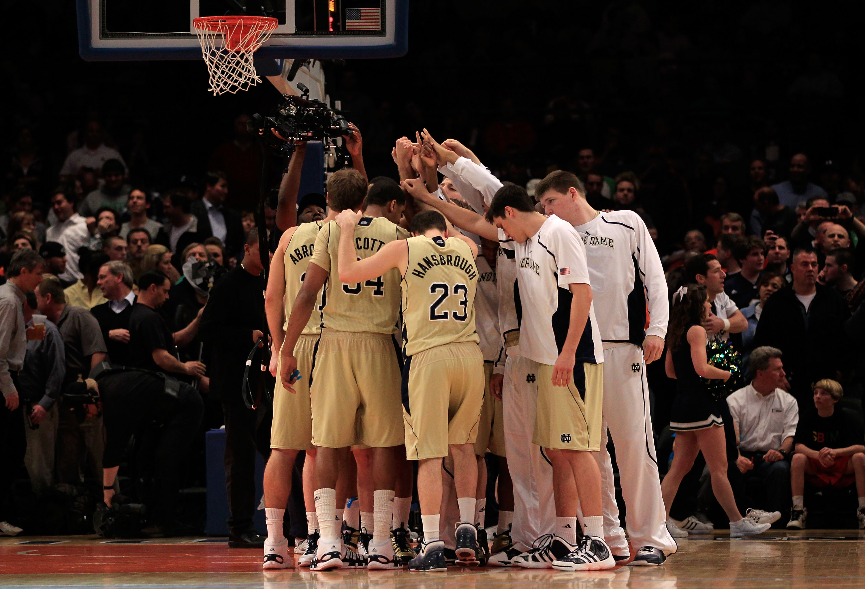 NEW YORK, NY - MARCH 11: The Notre Dame Fighting Irish huddle before their game against the Louisville Cardinals during the semifinals of the 2011 Big East Men's Basketball Tournament presented by American Eagle Outfitters at Madison Square Garden on Marc
