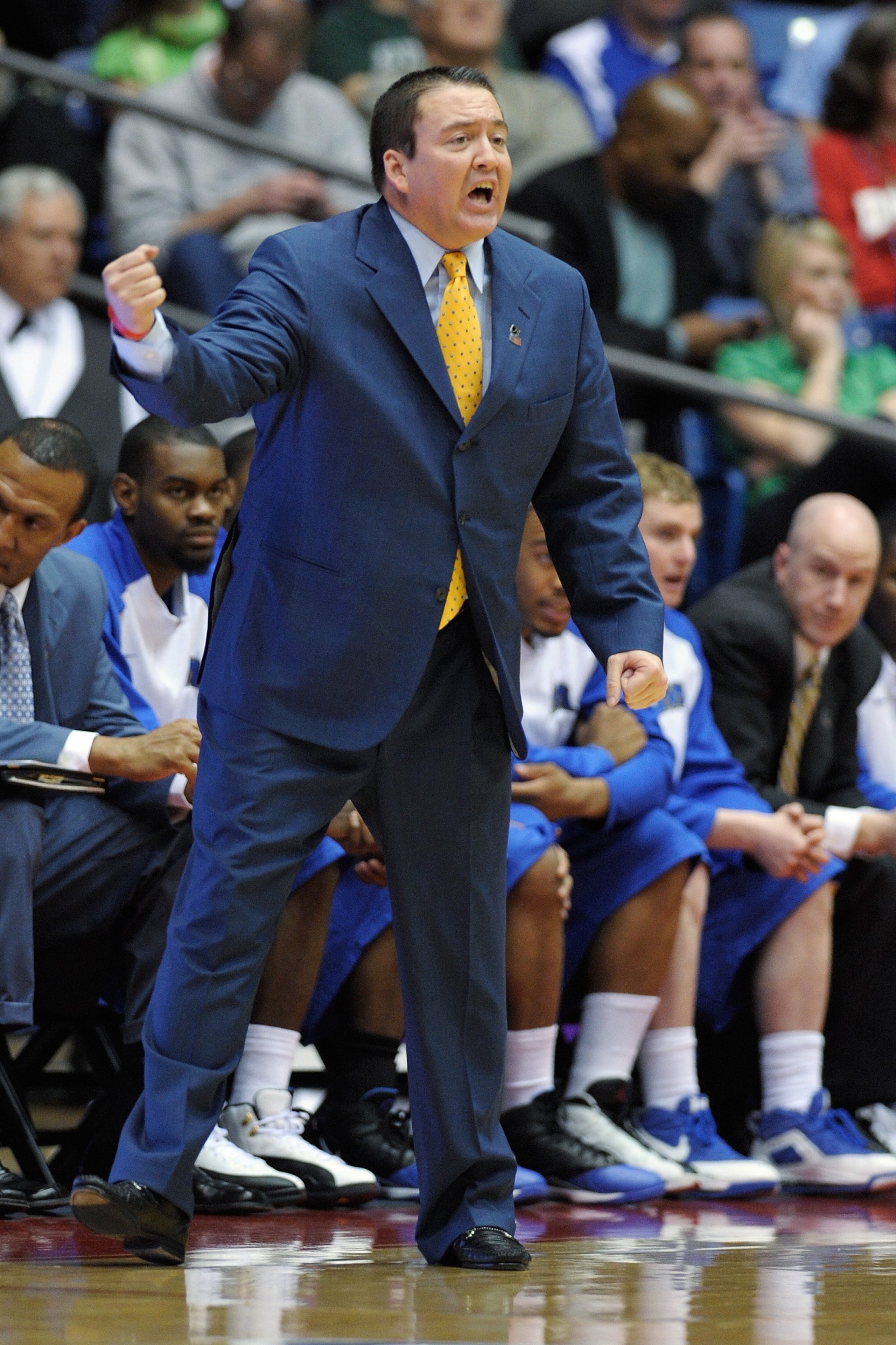 DAYTON, OH - MARCH 17:  Head coach Donnie Tyndall of the Morehead State Eagles shouts instructions to his team against the Alabama State Hornets during the opening round of the Men's NCAA Tournament on March 17, 2009 at the University of Dayton Arena in D