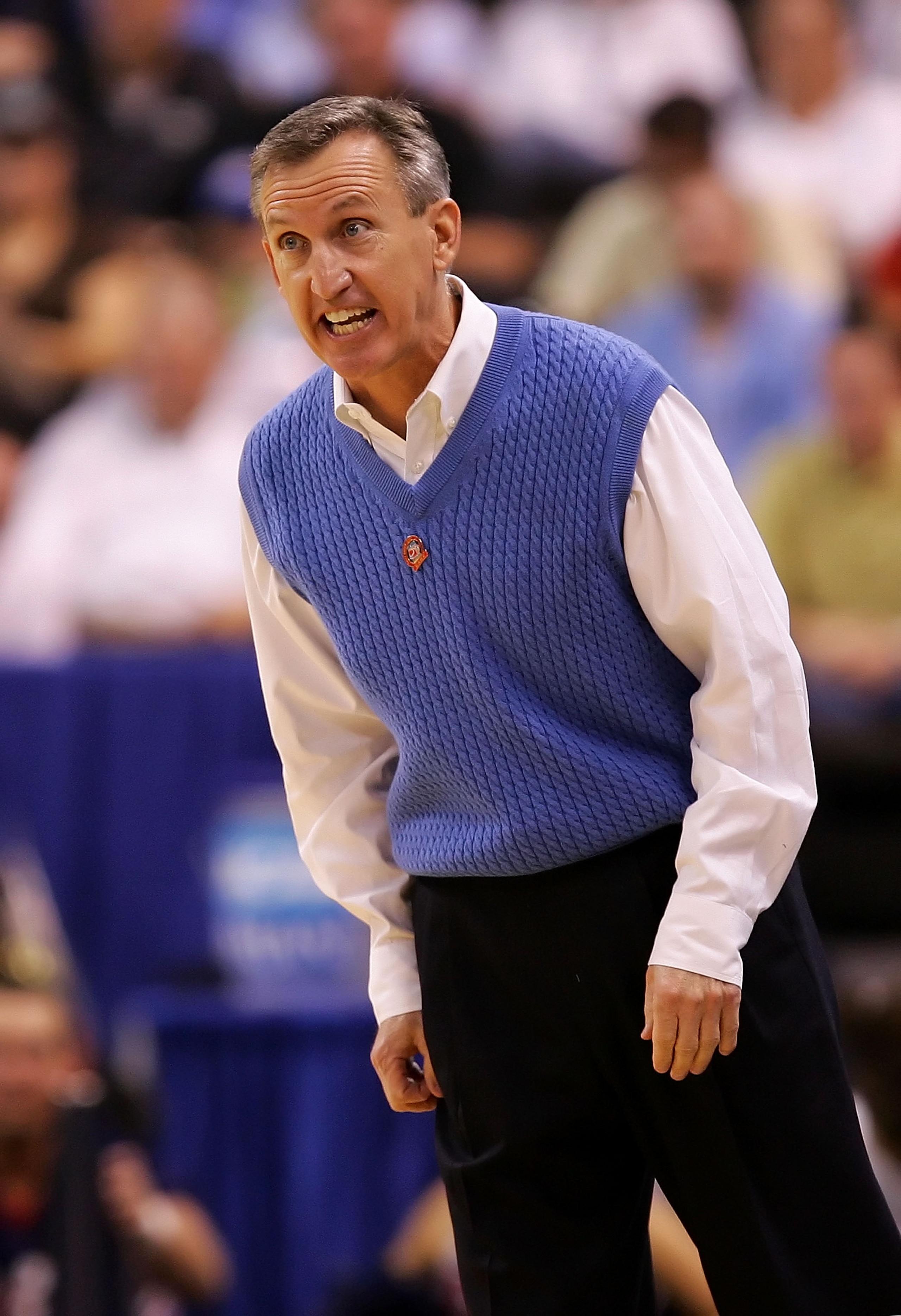 WINSTON-SALEM, NC - MARCH 15:  Head coach Rick Byrd of the Belmont Bruins reacts in the first half against the Georgetown Hoyas during round one of the NCAA Men's Basketball Tournament at Lawrence Joel Veterans Memorial Coliseum on March 15, 2007 in Winst