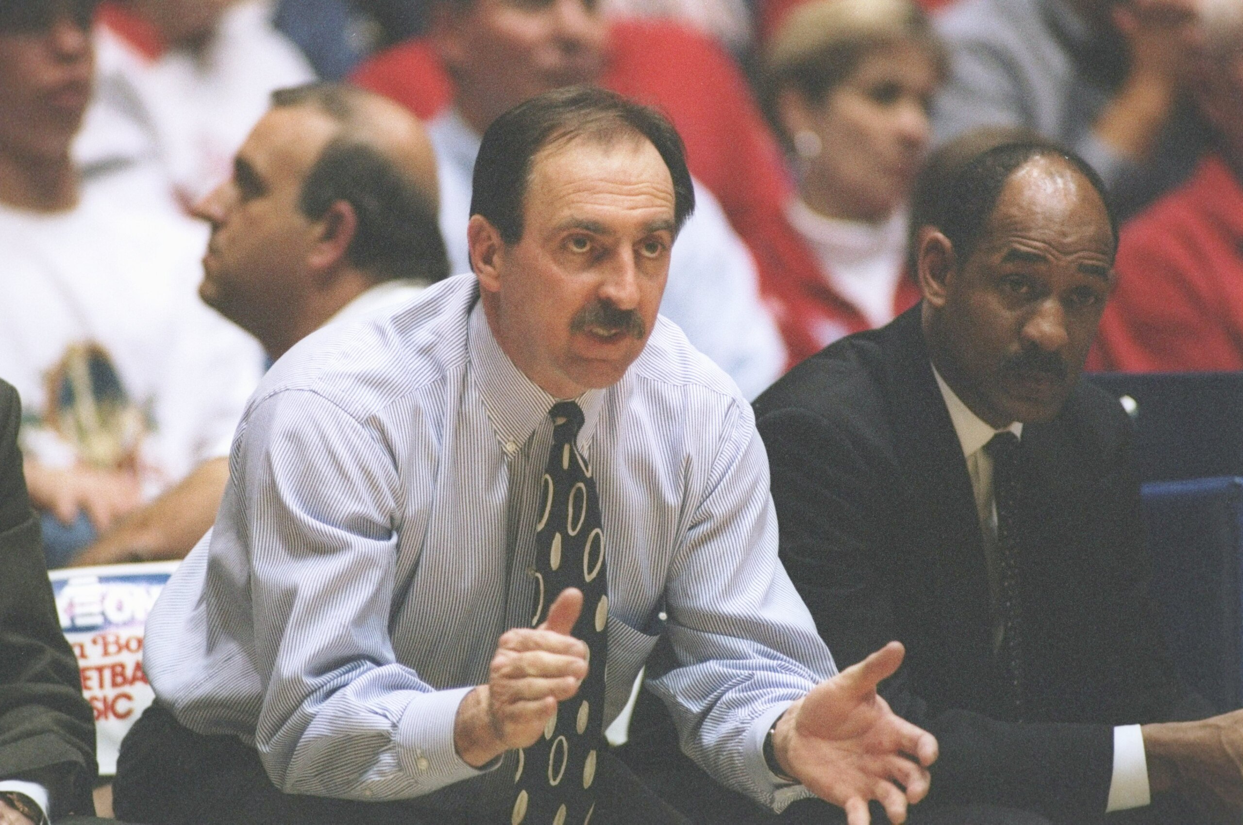 30 Dec 1996:   Coach Fran Dunphy of the Pennsylvania Quakers gives instructions to his players during the Fiesta Bowl Classic against the Arizona Wildcats at the McKale Center in Tuscon, Arizona.  Arizona won the game 93 - 51. Mandatory Credit: Doug Pensi