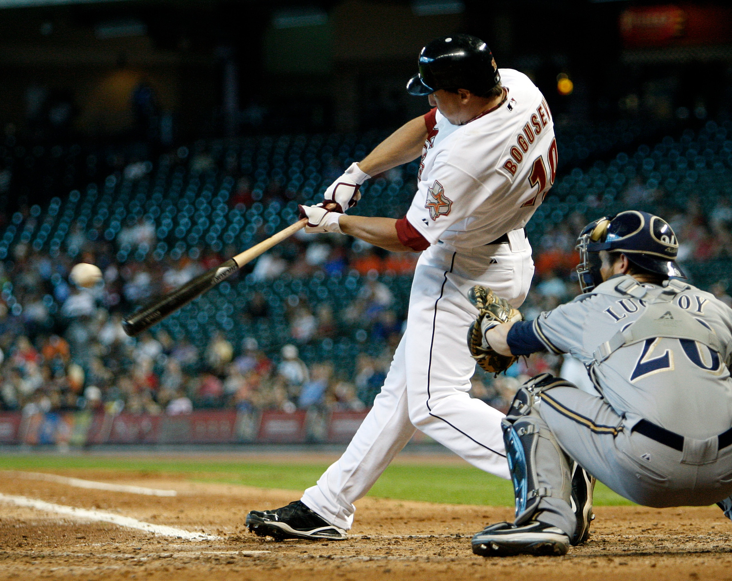 HOUSTON - SEPTEMBER 15:  Brian Bogusevic #19 of the Houston Astros singles in the fifth inning knocking in two runs against the Milwaukee Brewers on September 15, 2010 in Houston, Texas.  (Photo by Bob Levey/Getty Images)