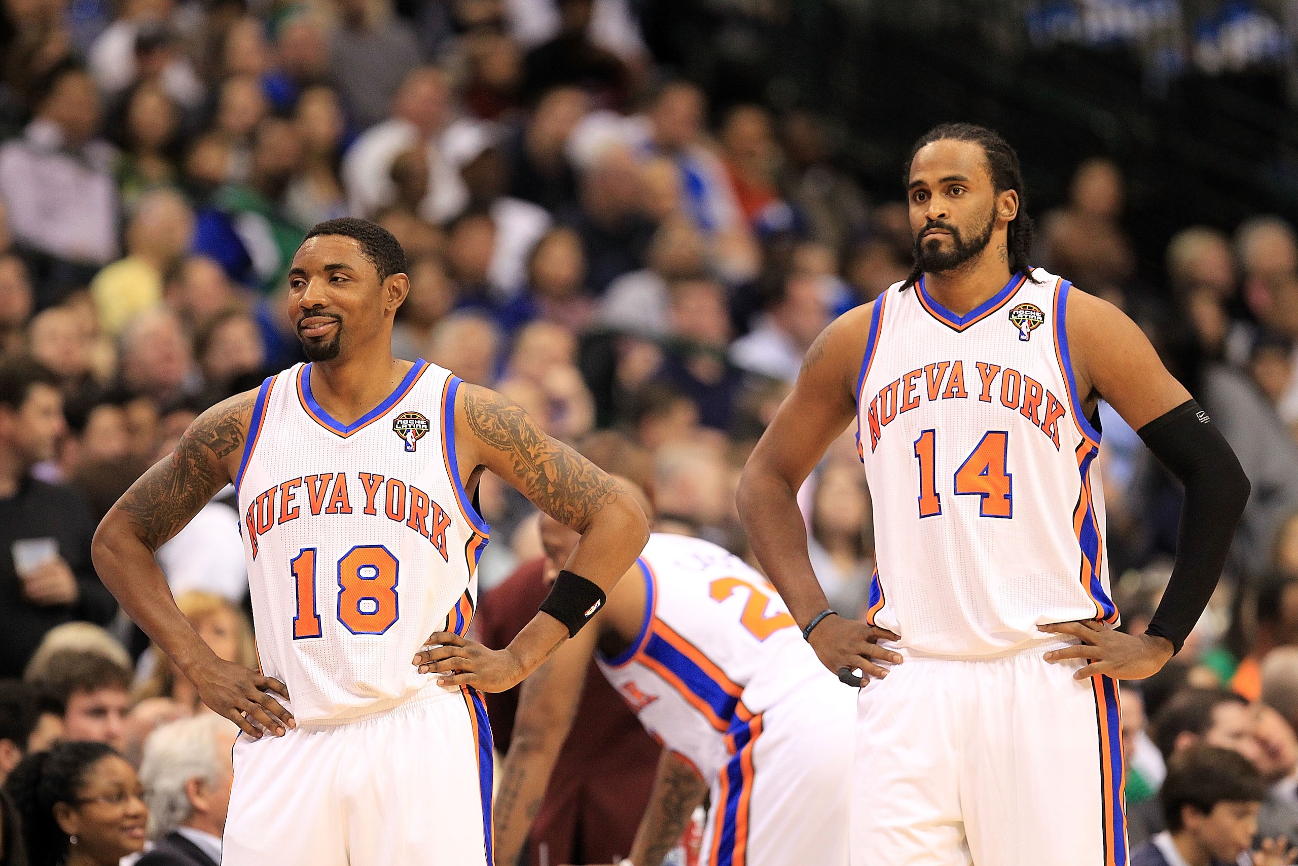 DALLAS, TX - MARCH 10:  Roger Mason Jr. #18 and Ronnie Turiaf #14 of the New York Knicks at American Airlines Center on March 10, 2011 in Dallas, Texas.  NOTE TO USER: User expressly acknowledges and agrees that, by downloading and or using this photograp