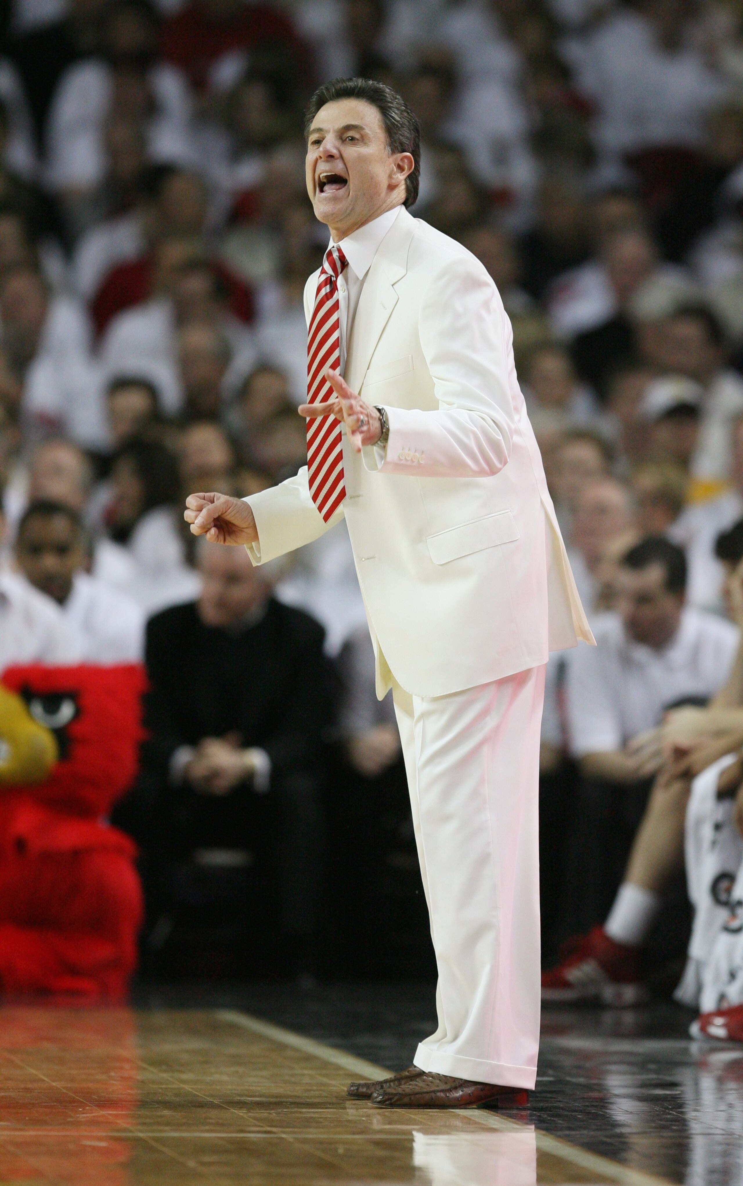 LOUISVILLE, KY - MARCH 01:  Head Coach Rick Pitino of the Louisville Cardinals reacts to play during the Big East Conference game against the Marquette Golden Eagles at Freedom Hall on March 1, 2009 in Louisville, Kentucky.  (Photo by Andy Lyons/Getty Ima