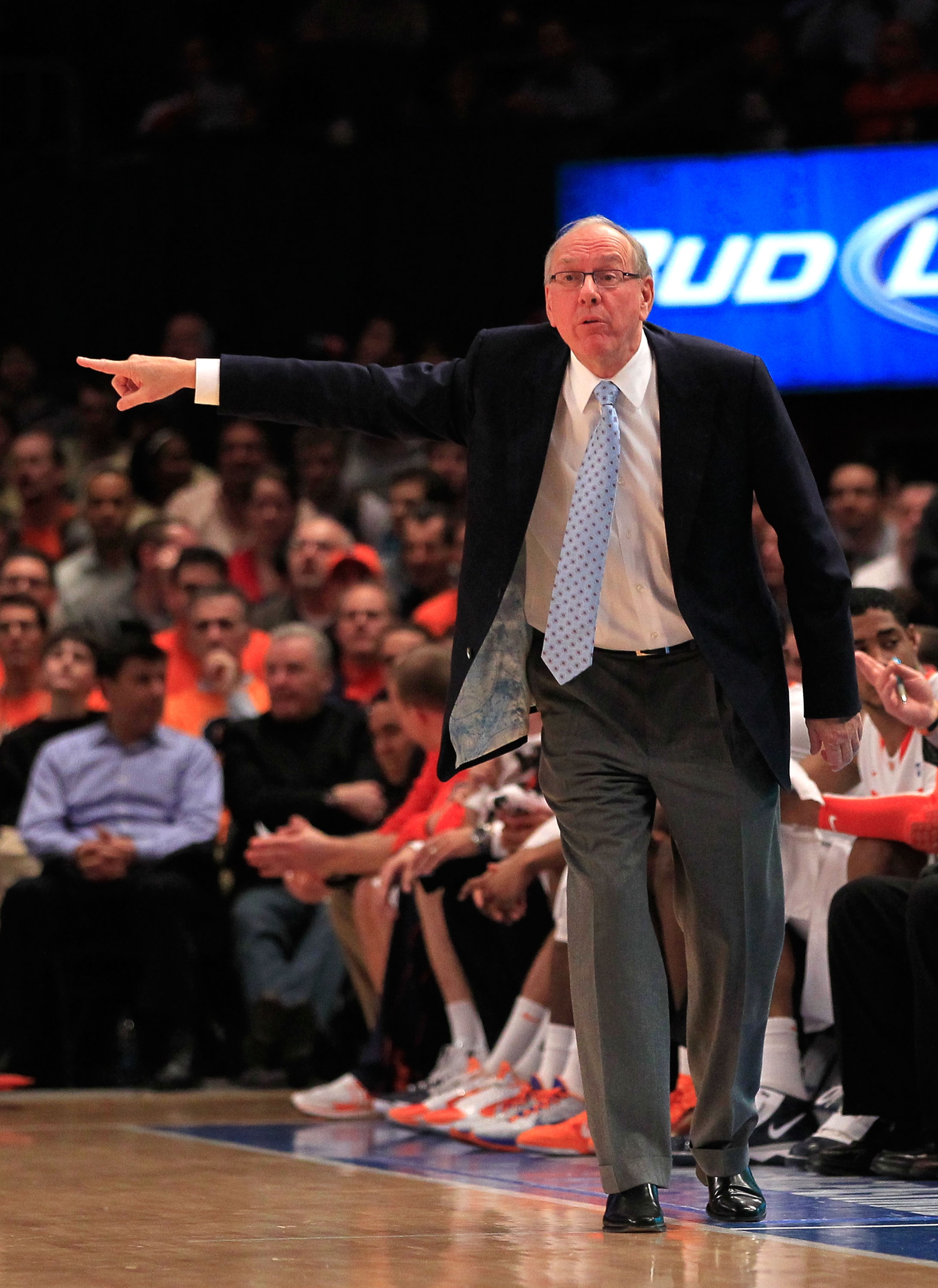 NEW YORK, NY - MARCH 10: Head coach Jim Boeheim of the Syracuse Orange gestures from the bench against the St. John's Red Storm during the quarterfinals of the 2011 Big East Men's Basketball Tournament presented by American Eagle Outfitters  at Madison Sq