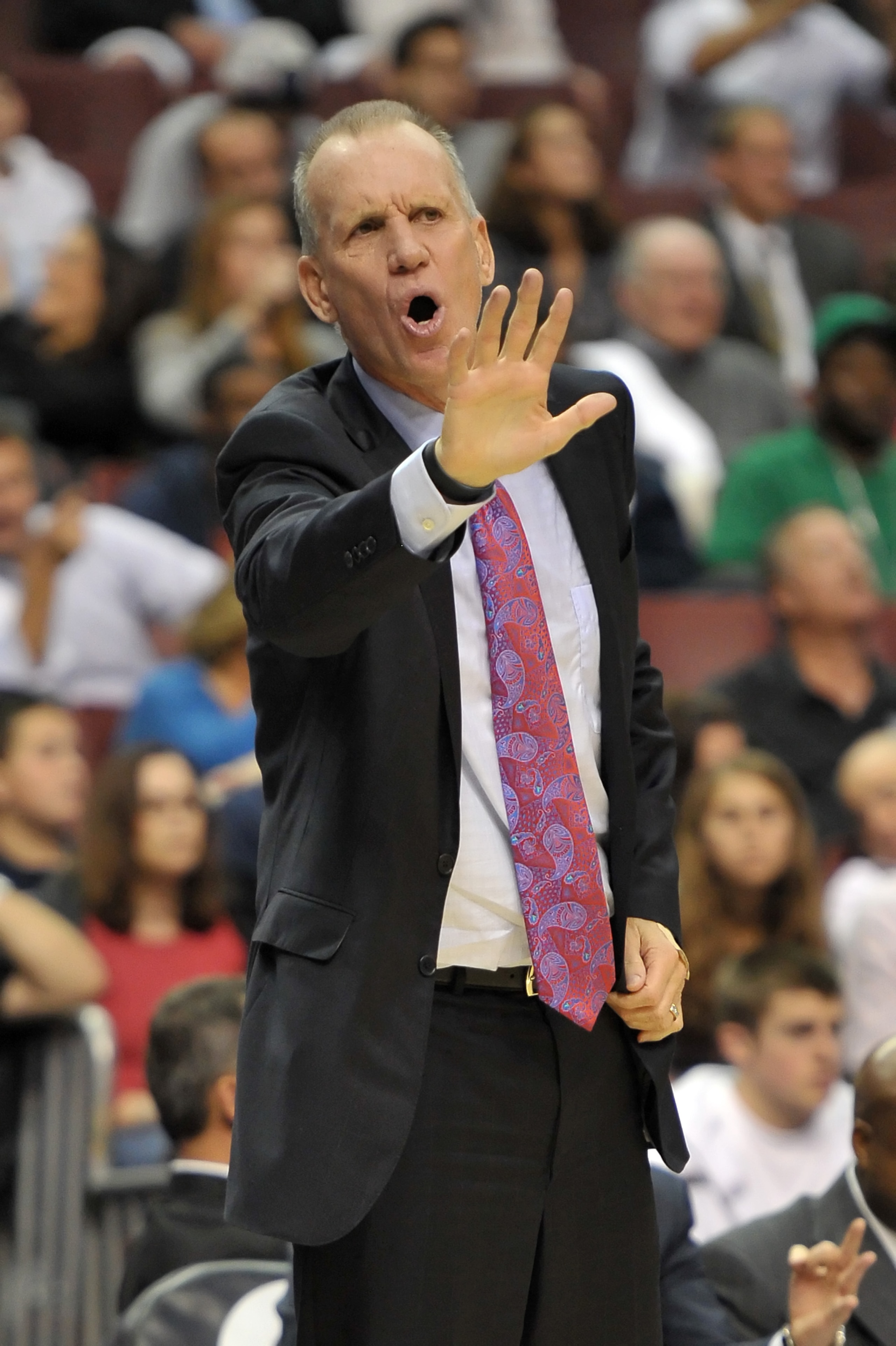 PHILADELPHIA - OCTOBER 27:  Head coach Doug Collins of the Philadelphia 76ers yells from the bench area during the game against the Miami Heat at the Wells Fargo Center on October 27, 2010 in Philadelphia, Pennsylvania. NOTE TO USER: User expressly acknow