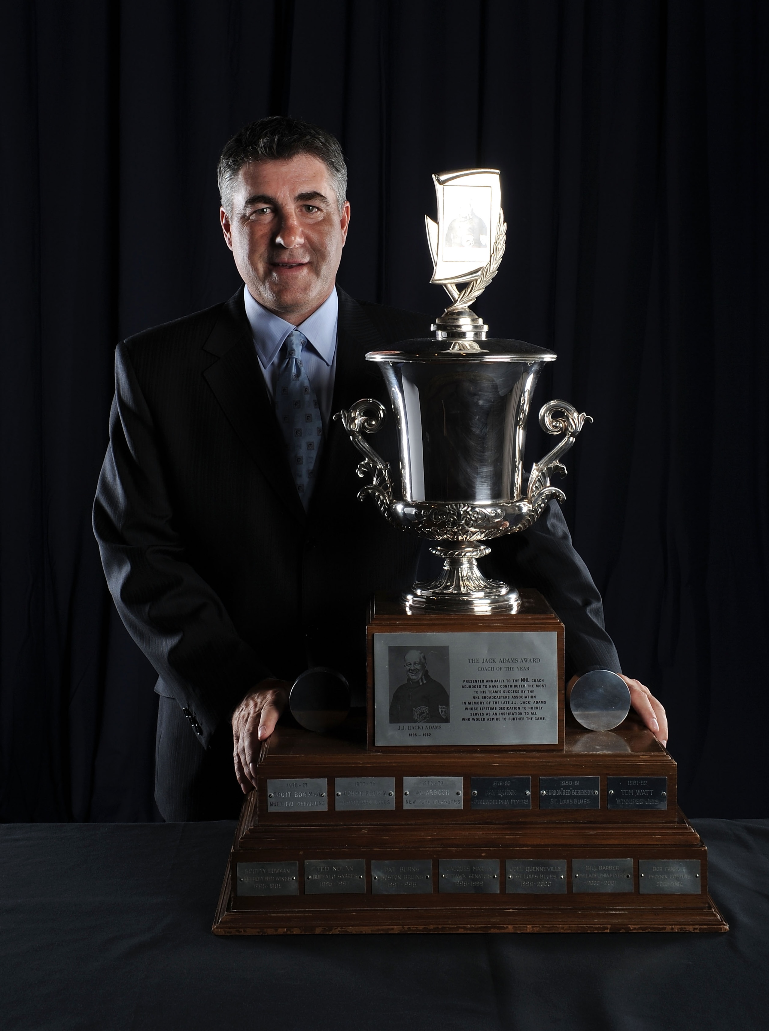 LAS VEGAS - JUNE 23:  Dave Tippett of the Phoenix Coyotes poses for a portrait with the Jack Adams Award during the 2010 NHL Awards at the Palms Casino Resort on June 23, 2010 in Las Vegas, Nevada.  (Photo by Harry How/Getty Images)