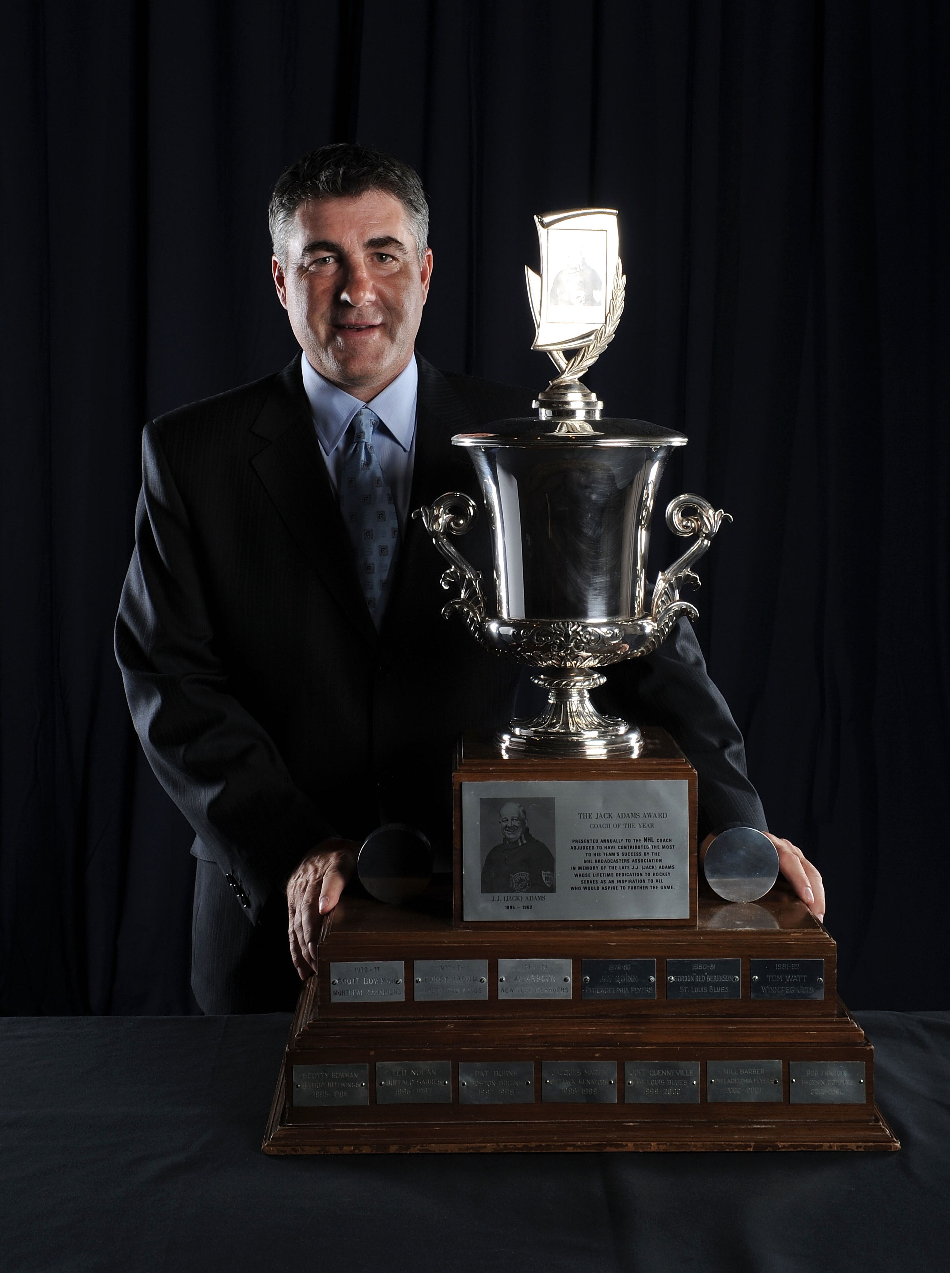 LAS VEGAS - JUNE 23:  Dave Tippett of the Phoenix Coyotes poses for a portrait with the Jack Adams Award during the 2010 NHL Awards at the Palms Casino Resort on June 23, 2010 in Las Vegas, Nevada.  (Photo by Harry How/Getty Images)