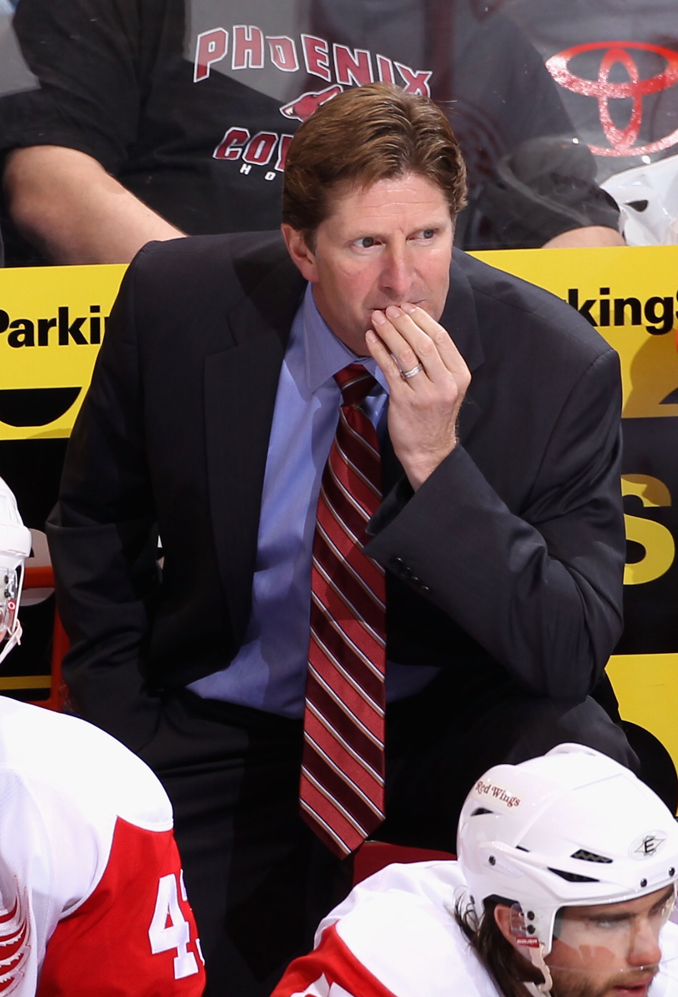 GLENDALE, AZ - OCTOBER 16:  Head coach Mike Babcock of the Detroit Red Wings watches from the bench during the NHL game against the Phoenix Coyotes at Jobing.com Arena on October16, 2010 in Glendale, Arizona.  (Photo by Christian Petersen/Getty Images)