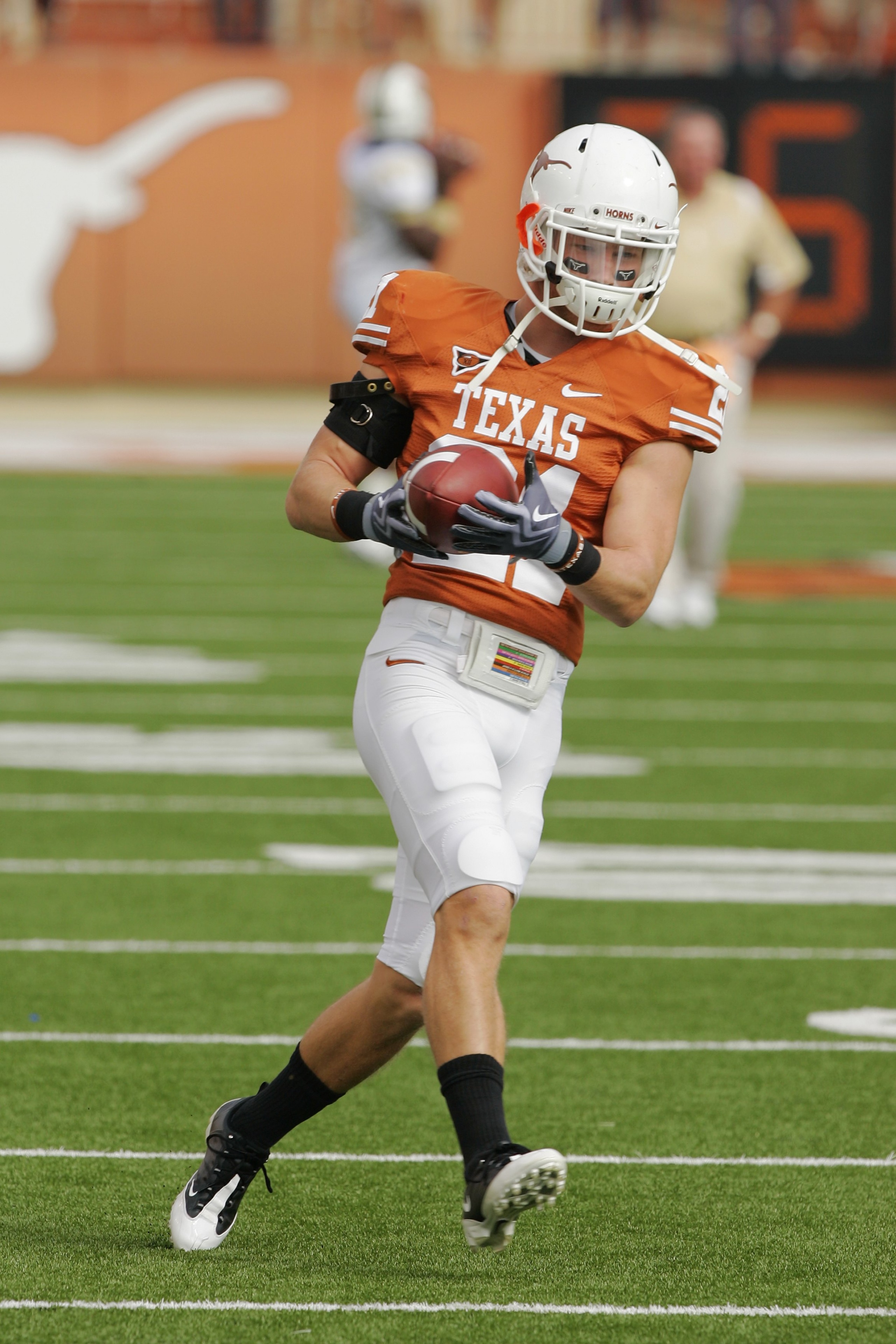 AUSTIN, TX - NOVEMBER 07:  Safety Blake Gideon #21 of the Texas Longhorns practices before a game against the UCF Knights on November 7, 2009 at Darrell K Royal - Texas Memorial Stadium in Austin, Texas.  Texas won 35-3.  (Photo by Brian Bahr/Getty Images