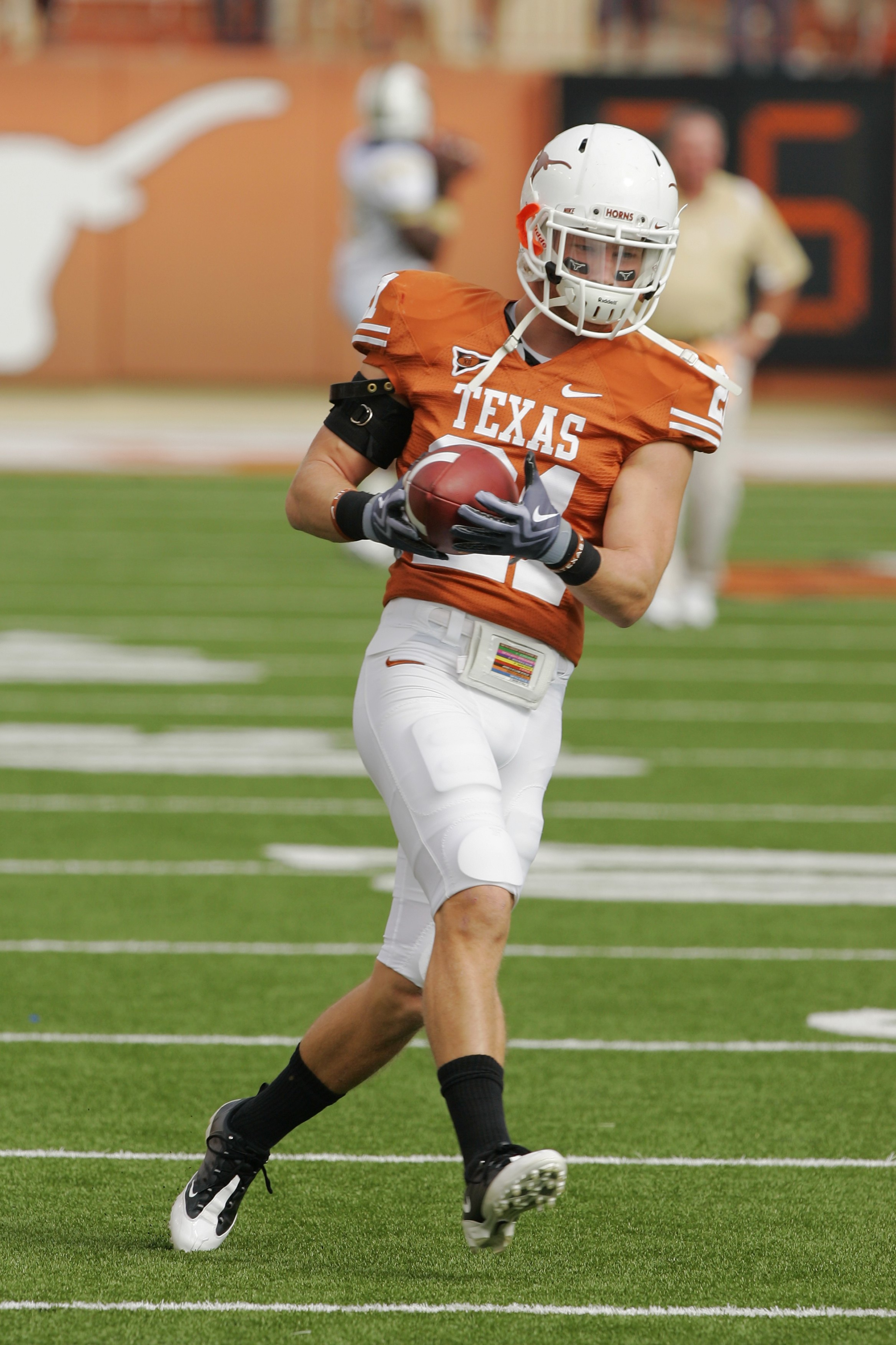 AUSTIN, TX - NOVEMBER 07:  Safety Blake Gideon #21 of the Texas Longhorns practices before a game against the UCF Knights on November 7, 2009 at Darrell K Royal - Texas Memorial Stadium in Austin, Texas.  Texas won 35-3.  (Photo by Brian Bahr/Getty Images