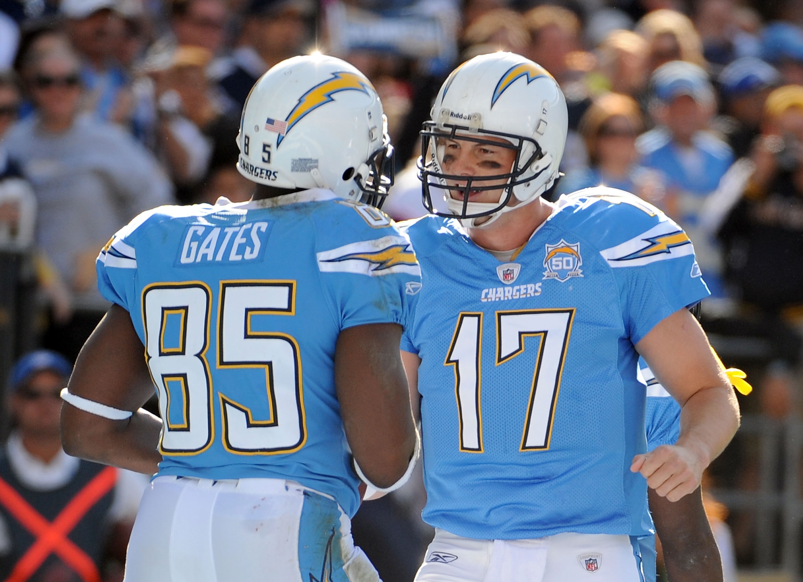 SAN DIEGO - NOVEMBER 29:  Antonio Gates #85 of the San Diego Chargers celebrates his touchdown with Philip Rivers #17 for a 7-0 lead over the Kansas City Chiefs during the second quarter at Qualcomm Stadium on November 29, 2009 in San Diego, California.