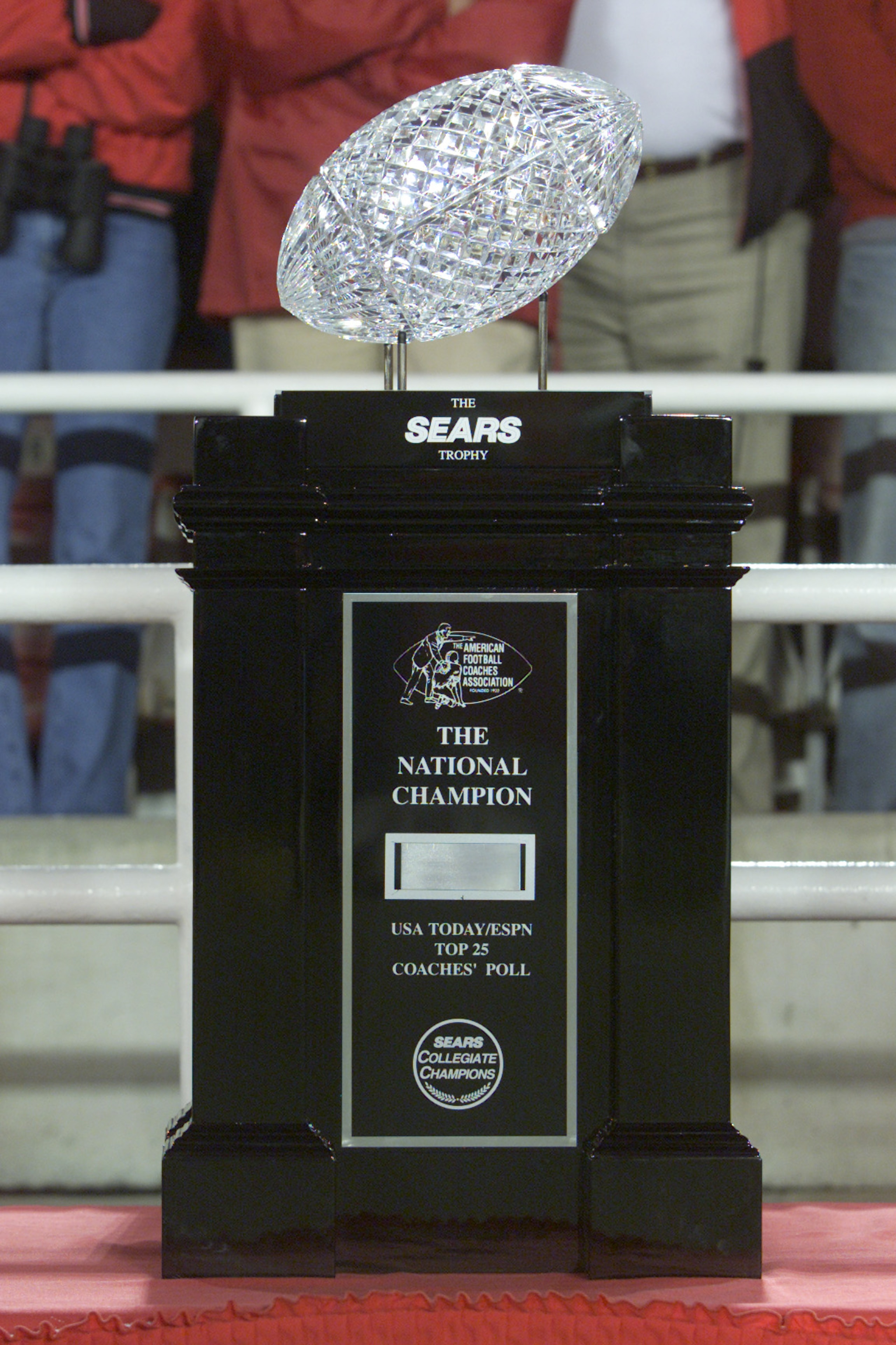 3 Jan 2002:  The Sears National Championship trophy sits on the sidelines before the start of the Rose Bowl National Championship game between Nebraska and Miami at the Rose Bowl in Pasadena, California.  Miami won the game 37-14, winning the BCS and the