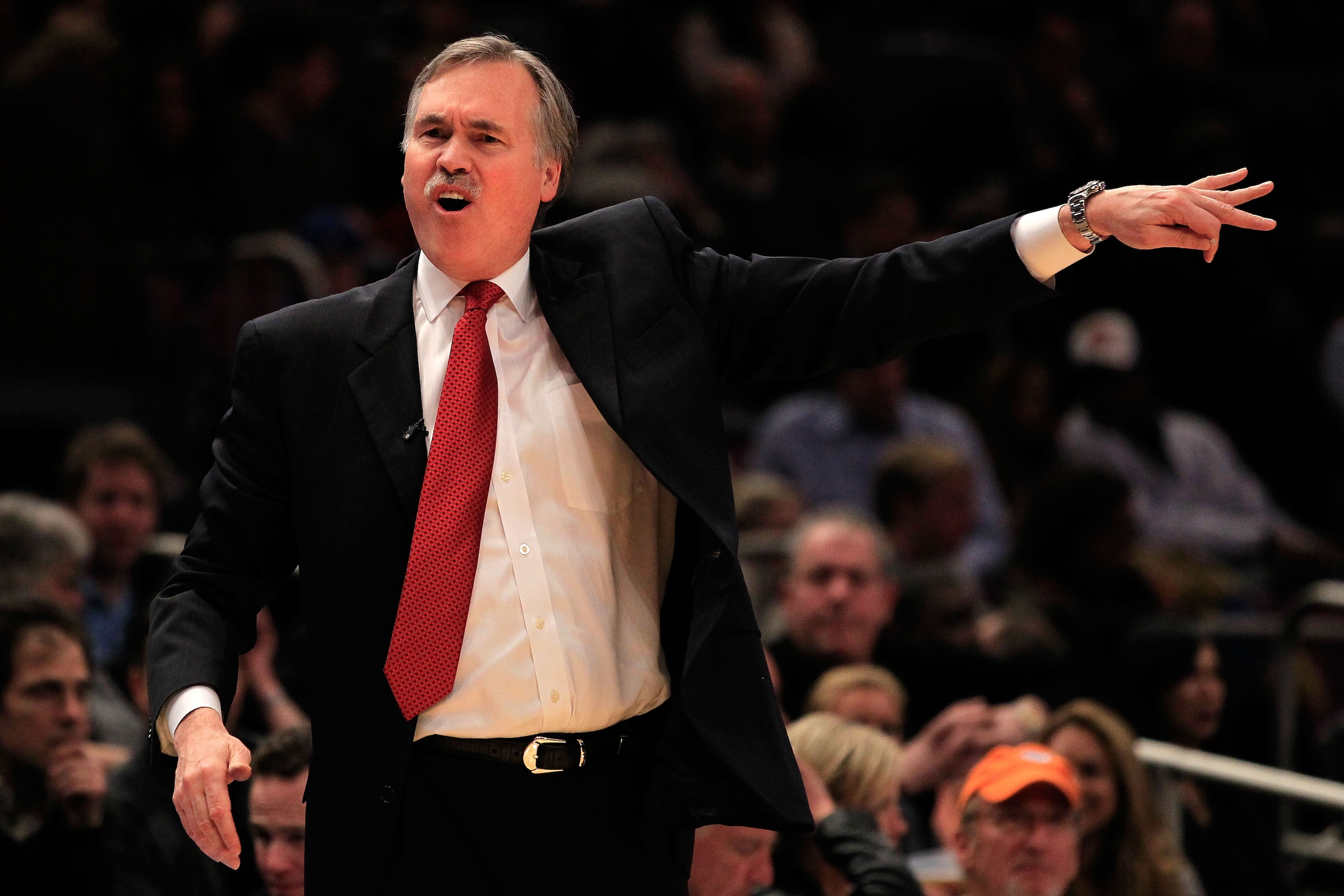 NEW YORK, NY - FEBRUARY 16:  Head Coach Mike D'Antoni of the New York Knicks gestures during the game against the Atlanta Hawks at Madison Square Garden on February 16, 2011 in New York City. NOTE TO USER: User expressly acknowledges and agrees that, by d