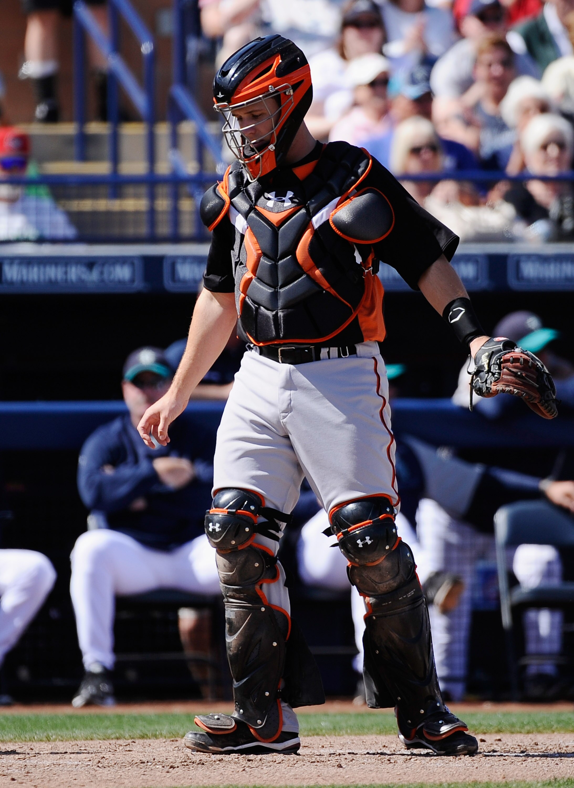 PEORIA, AZ - MARCH 08:  Buster Posey #28 catcher of the San Francisco Giants against the Seattle Mariners during the spring training baseball game against at Peoria Stadium on March 8, 2011 in Peoria, Arizona.  (Photo by Kevork Djansezian/Getty Images)