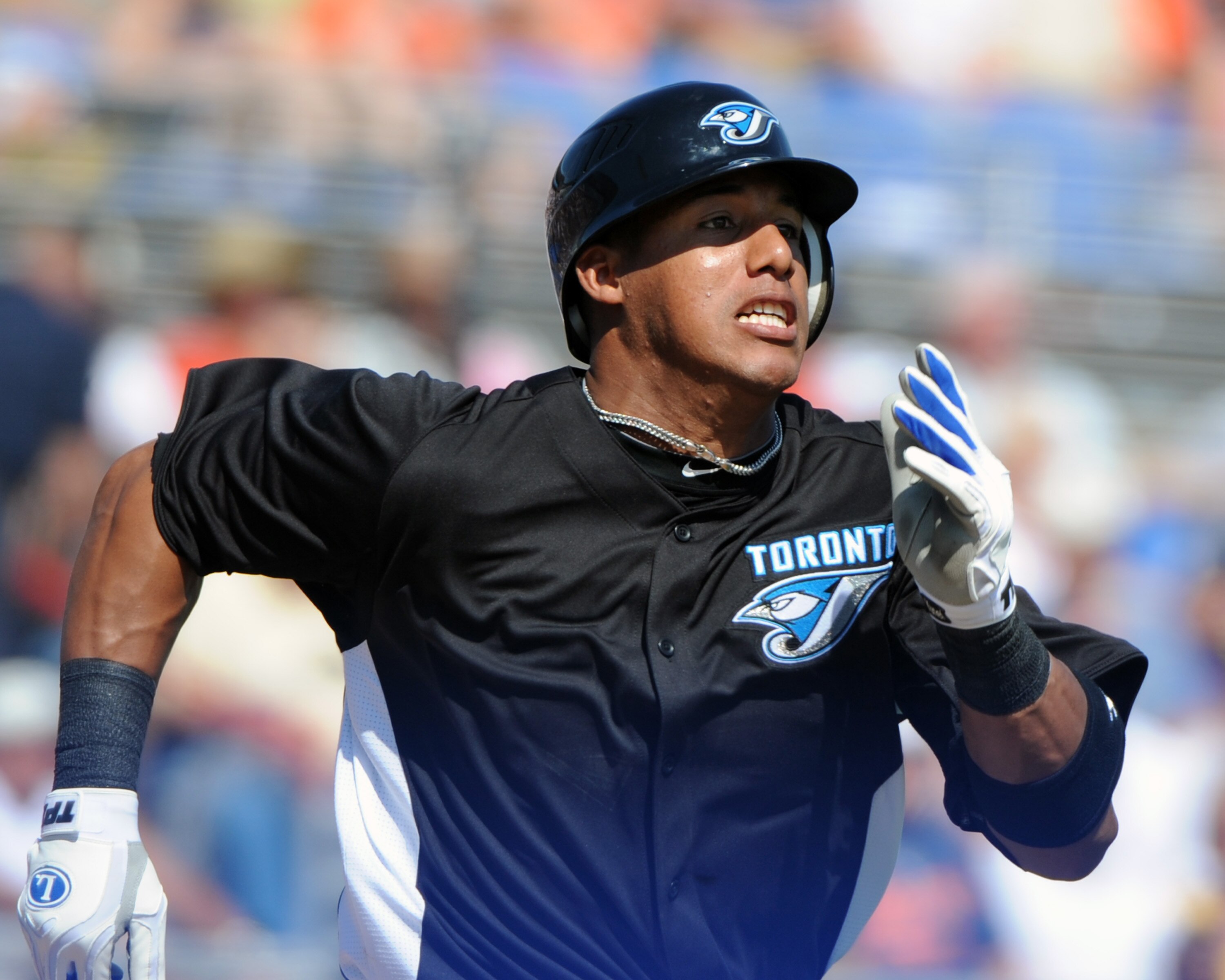 DUNEDIN, FL - FEBRUARY 26:  Outfielder Rajai Davis #11 of the Toronto Blue Jays runs to first base against the Detroit Tigers February 26, 2011 at Florida Auto Exchange Stadium in Dunedin, Florida.  (Photo by Al Messerschmidt/Getty Images)