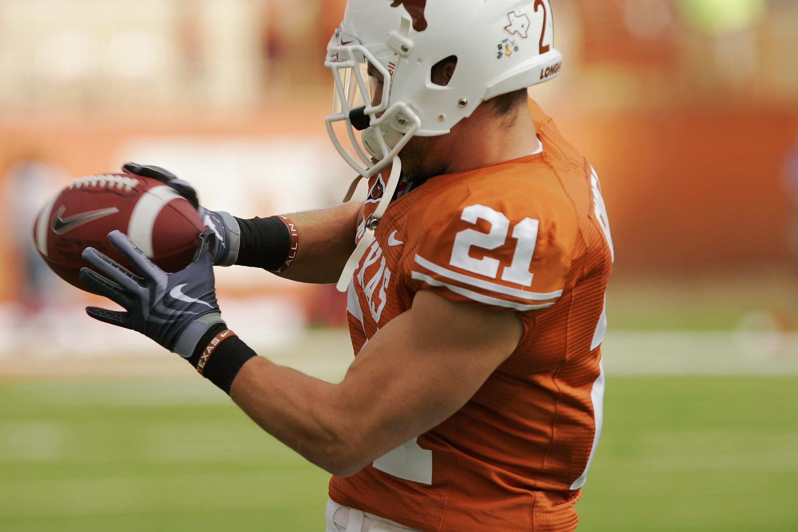 AUSTIN, TX - NOVEMBER 07: Safety Blake Gideon #21 of the Texas Longhorns practices before a game against the UCF Knights on November 7, 2009 at Darrell K Royal - Texas Memorial Stadium in Austin, Texas. Texas won 35-3. (Photo by Brian Bahr/Getty Images AUSTIN, TX - NOVEMBER 07: Safety Blake Gideon #21 of the Texas Longhorns practices before a game against the UCF Knights on November 7, 2009 at Darrell K Royal - Texas Memorial Stadium in Austin, Texas. Texas won 35-3. (Photo by Brian Bahr/Getty Images