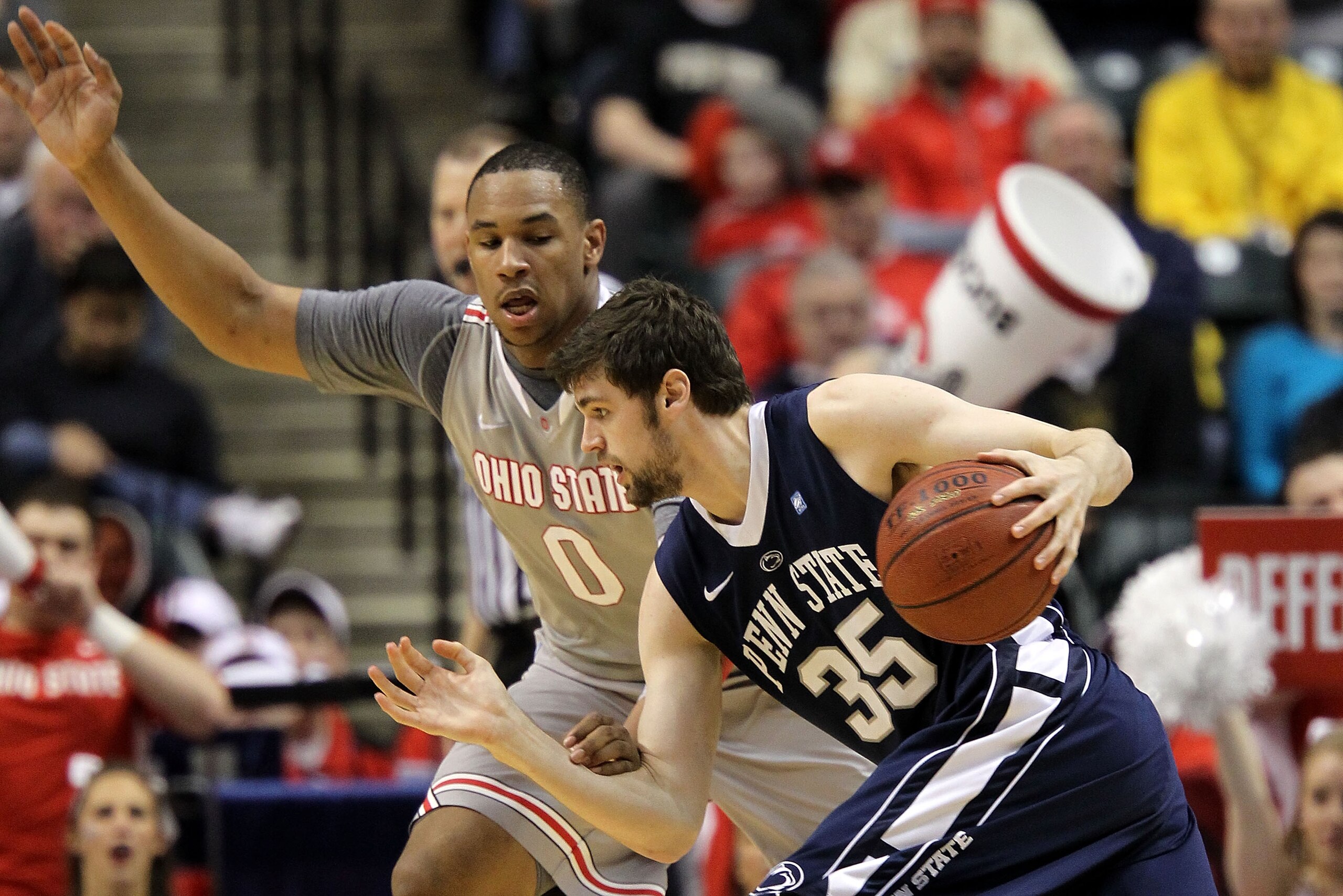 INDIANAPOLIS, IN - MARCH 13:  Billy Oliver #35 of the Penn State Nittany Lions drives against Jared Sullinger #0 of the Ohio State Buckeyes during the championship game of the 2011 Big Ten Men's Basketball Tournament at Conseco Fieldhouse on March 13, 201