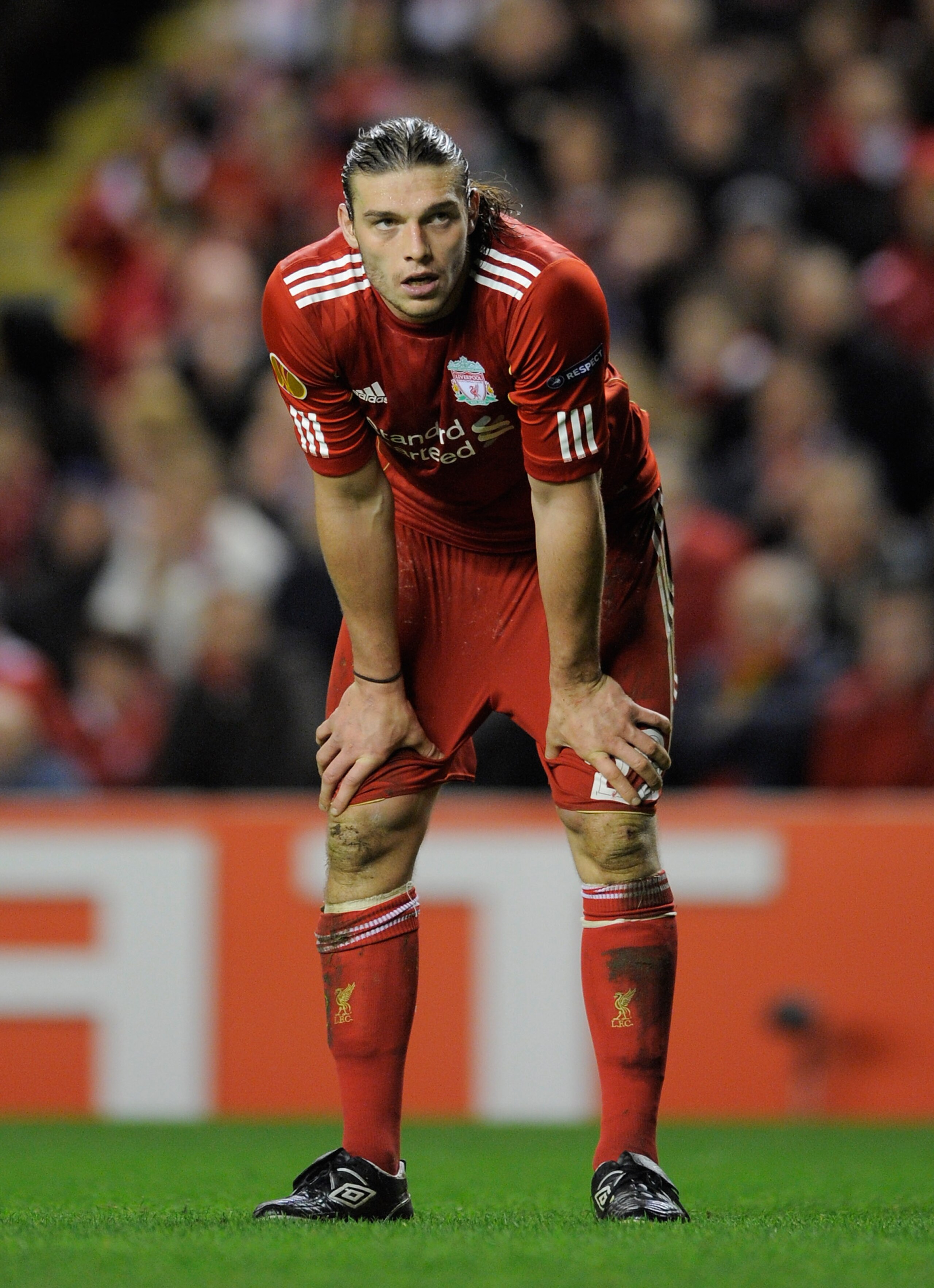 LIVERPOOL, ENGLAND - MARCH 17:  Andy Carroll of Liverpool looks dejected during the UEFA Europa League Round of 16 second leg match between Liverpool and SC Braga at Anfield on March 17, 2011 in Liverpool, England.  (Photo by Michael Regan/Getty Images)