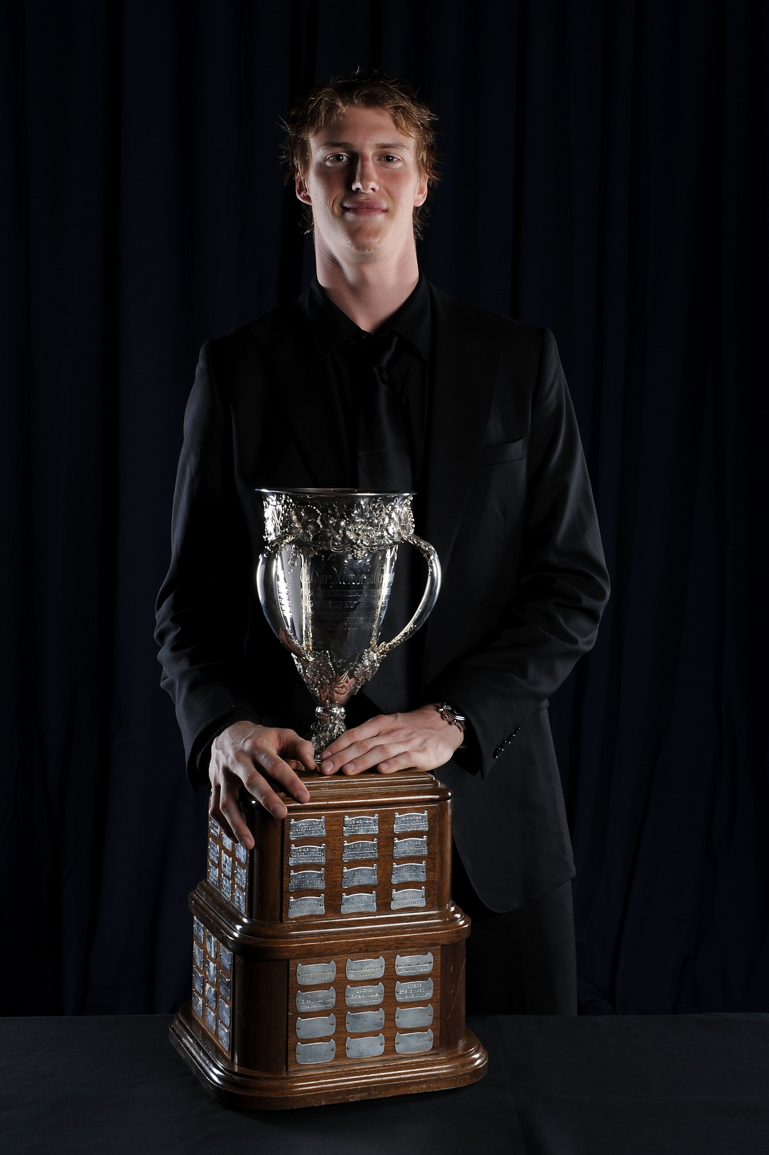 LAS VEGAS - JUNE 23:  Tyler Myers of the Buffalo Sabres poses with the Calder Trophy for a portrait during the 2010 NHL Awards at the Palms Casino Resort on June 23, 2010 in Las Vegas, Nevada.  (Photo by Harry How/Getty Images)